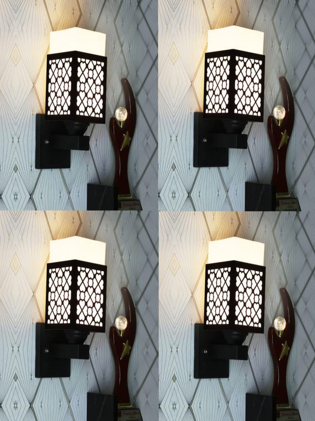 

Gojeeva Black & White 4 Pieces Textured Wooden Rectangle Shaped Wall Lamps