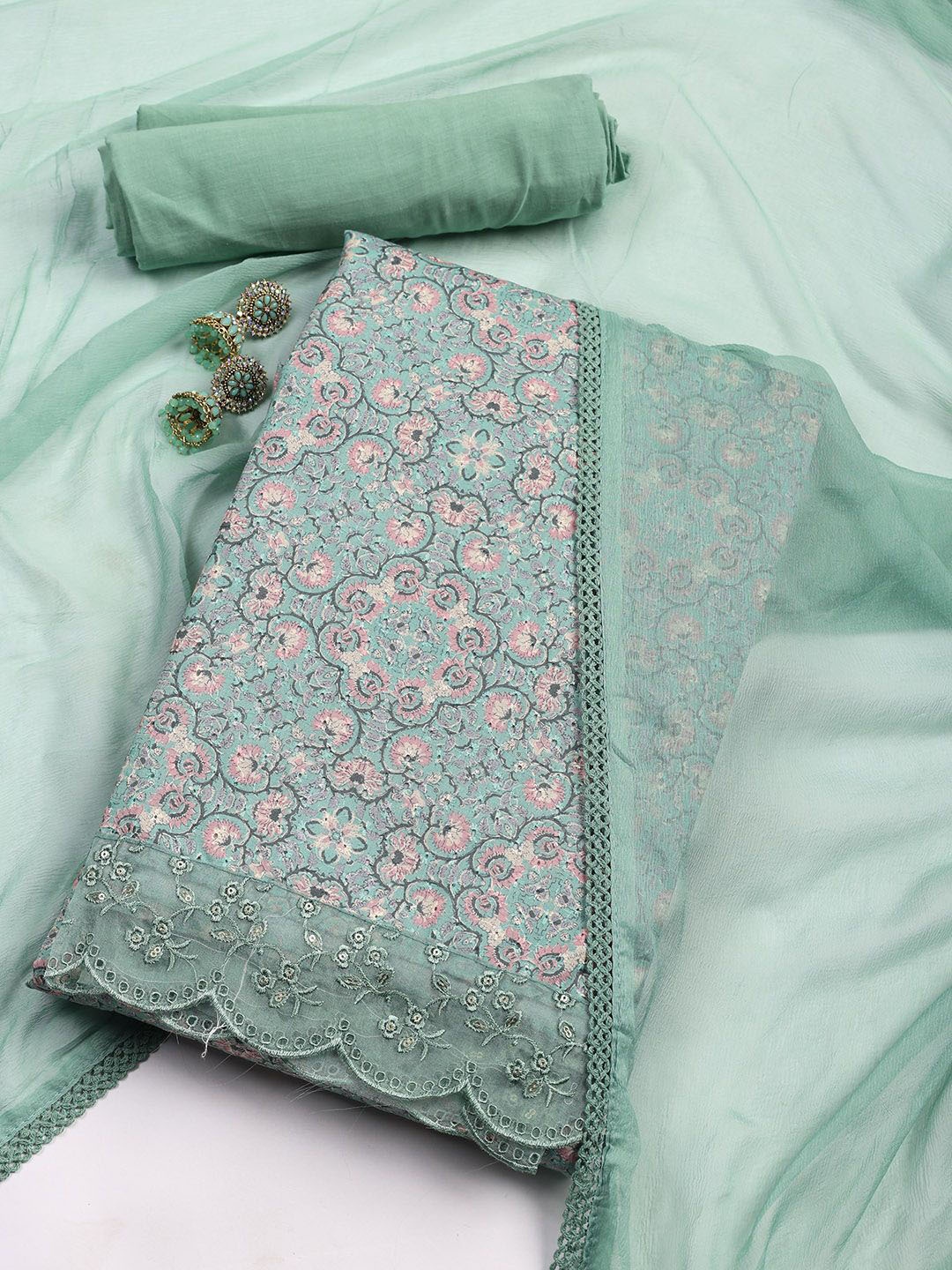 

Meena Bazaar Floral Printed Unstitched Dress Material, Sea green