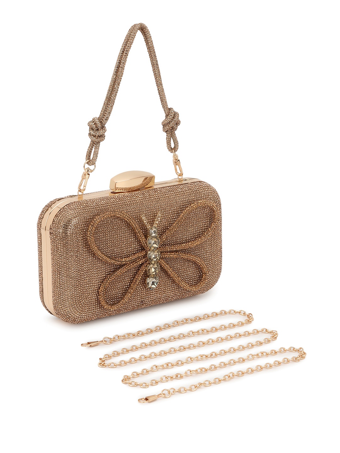 

Justin Whyte Ethnic Motifs Textured Structured Handheld Bag with Bow Detail, Gold