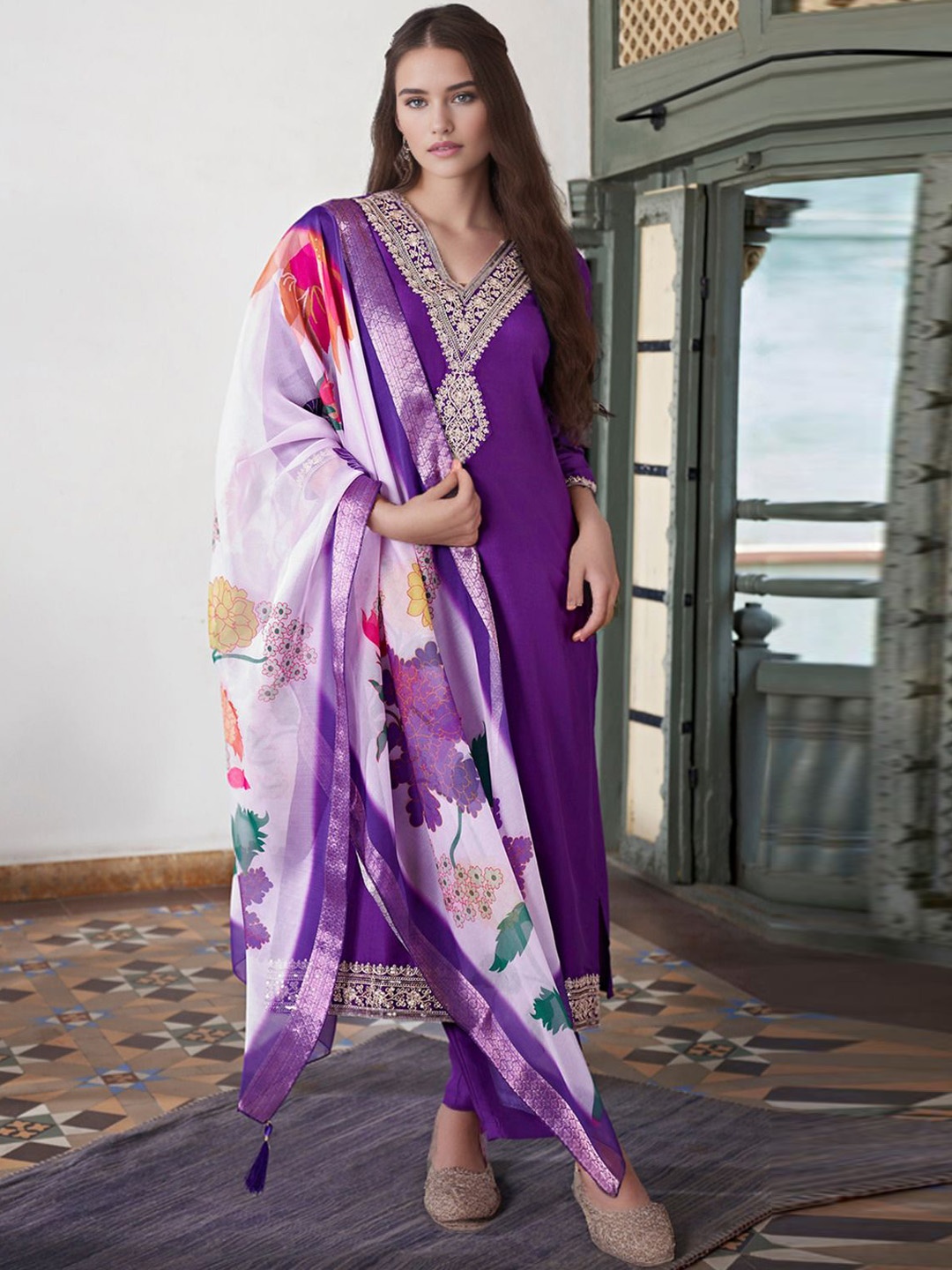

KALINI Floral Yoke Design V-Neck Zari Chanderi Silk Straight Kurta With Trousers & Dupatta, Purple