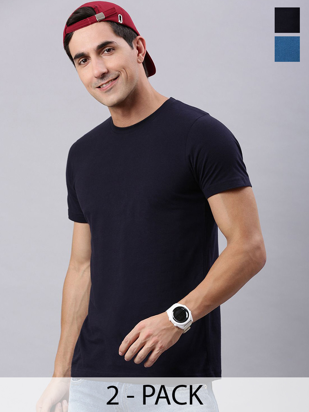 

The Roadster Lifestyle Co Men Pack Of 2 Solid Cotton T-Shirt, Navy blue