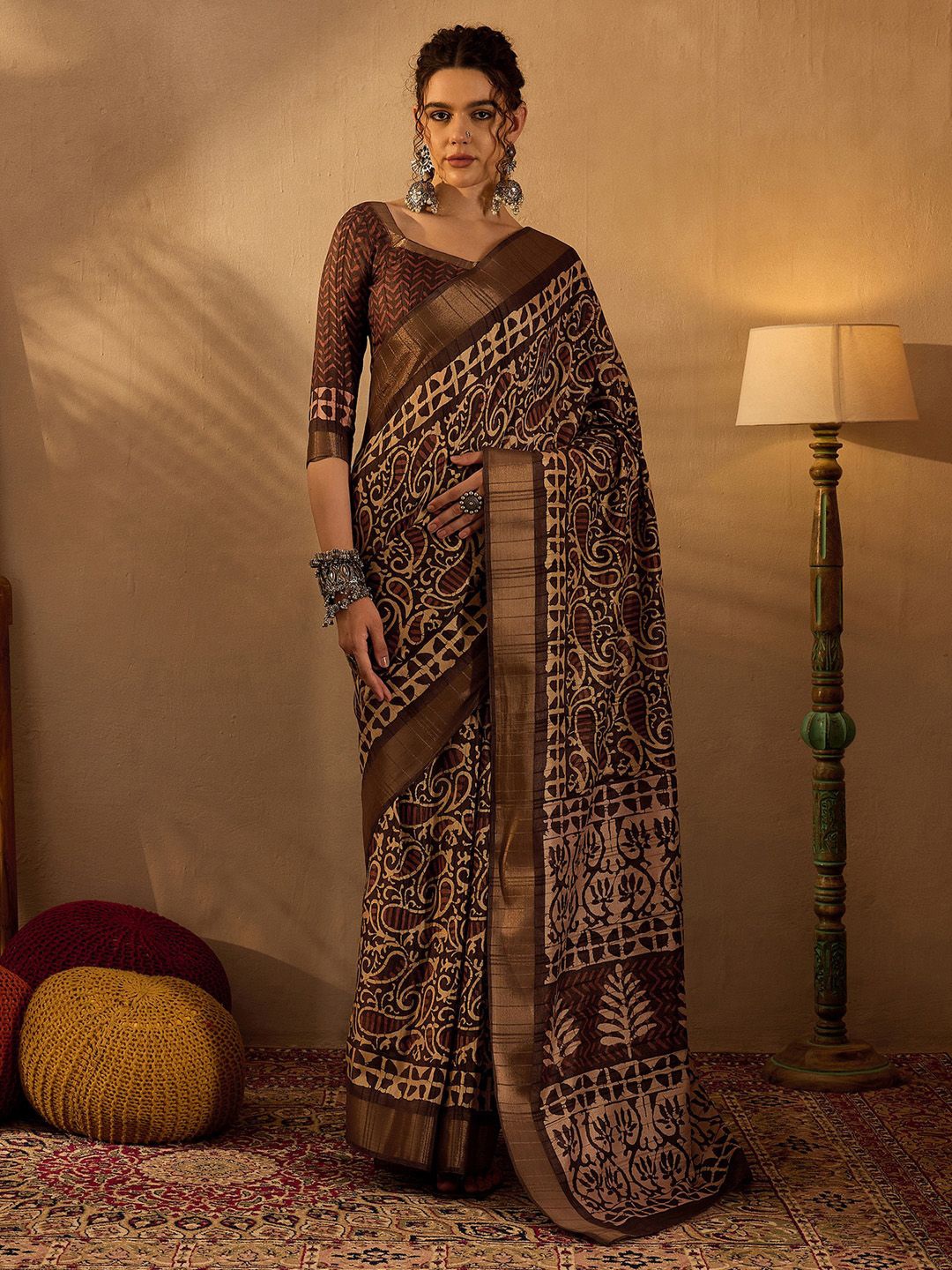 

Anouk Rustic Paisley Zari Silk Blend Sungudi Saree, Brown