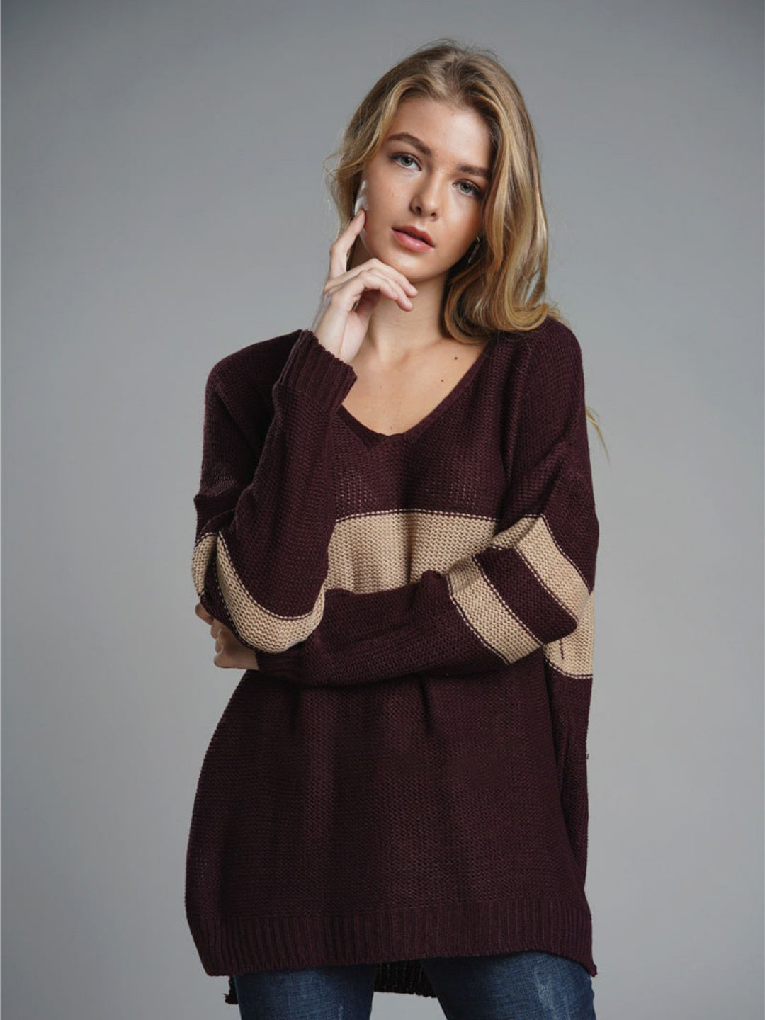 

Oh Rare Women Colourblocked Pullover, Coffee brown