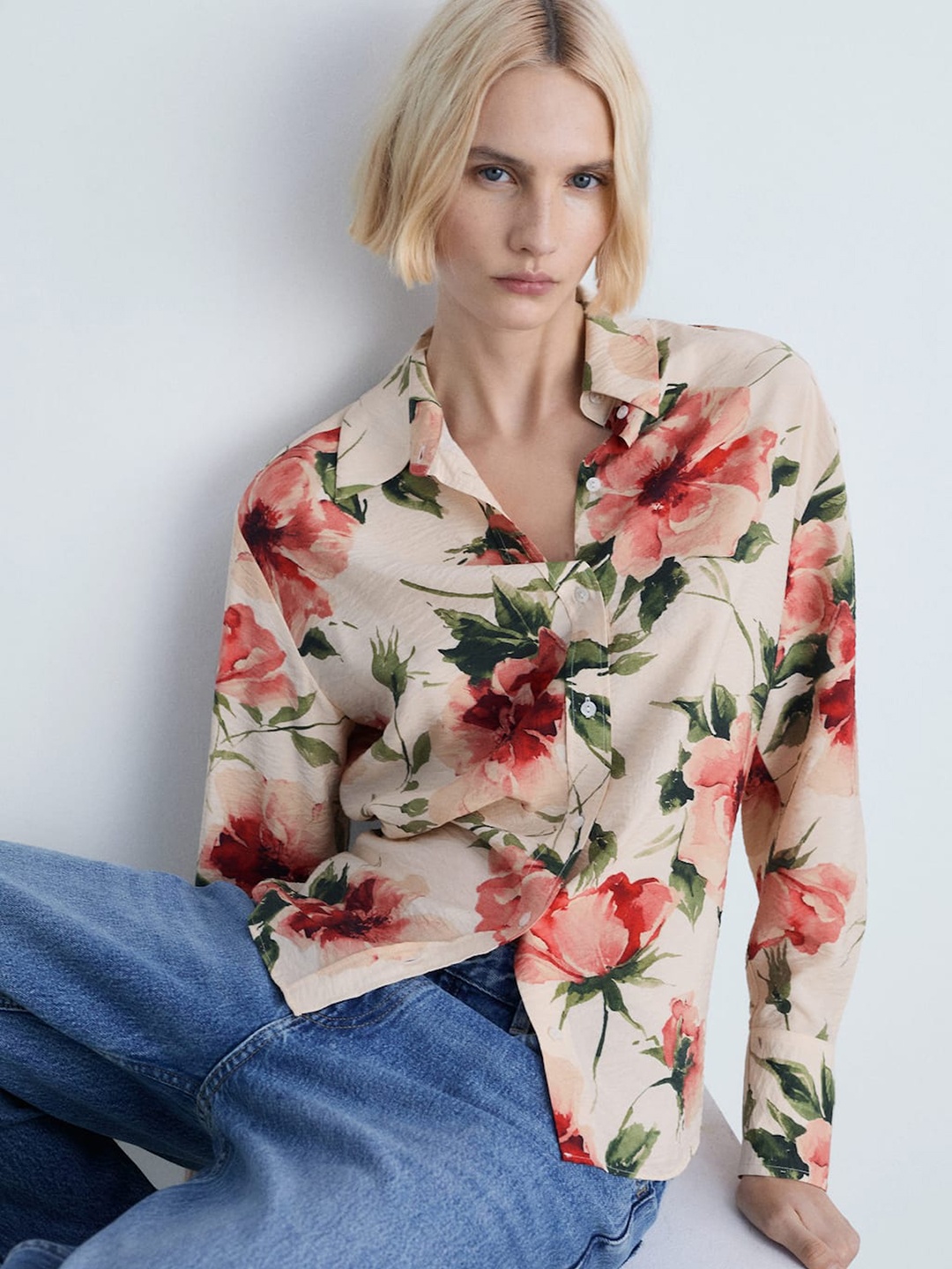 

MANGO Floral Print Regular Fit Casual Shirt, Off white