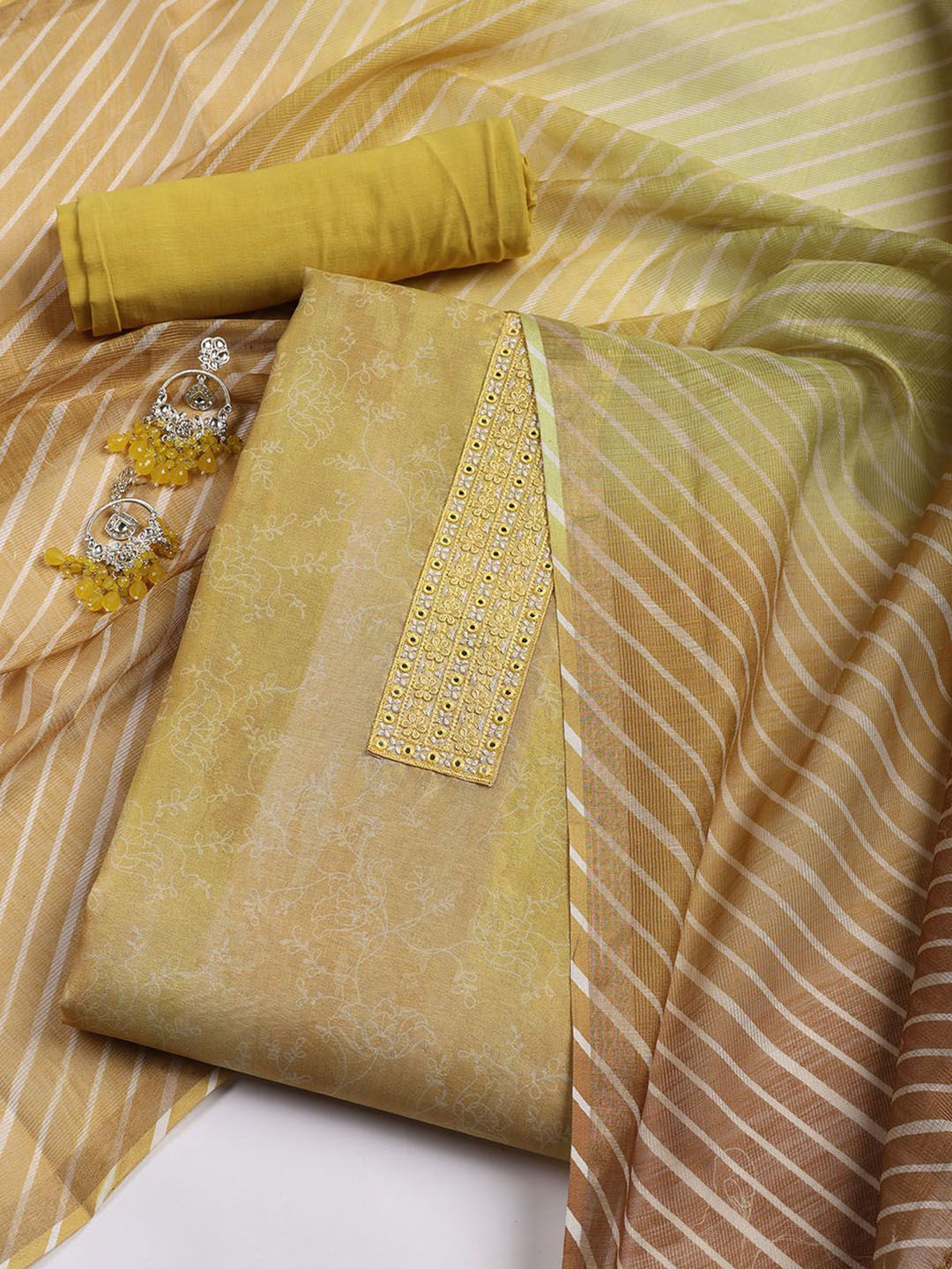 

Meena Bazaar Floral Printed Tissue Unstitched Dress Material, Mustard