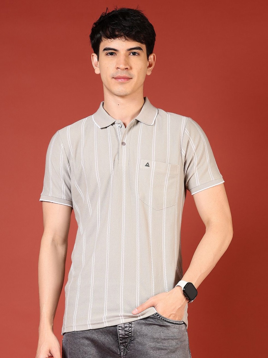 

V-Mart Men Striped Polo Collar Pockets Slim Fit T-shirt, Grey