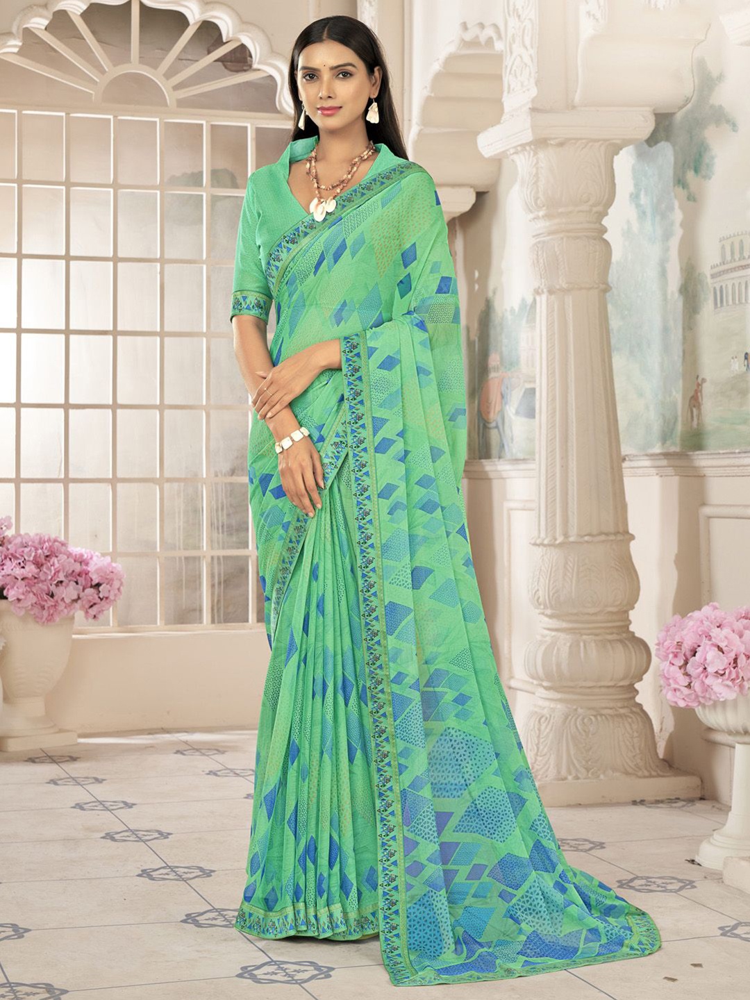 

Anouk Rustic Poly Chiffon Bagh Saree, Sea green