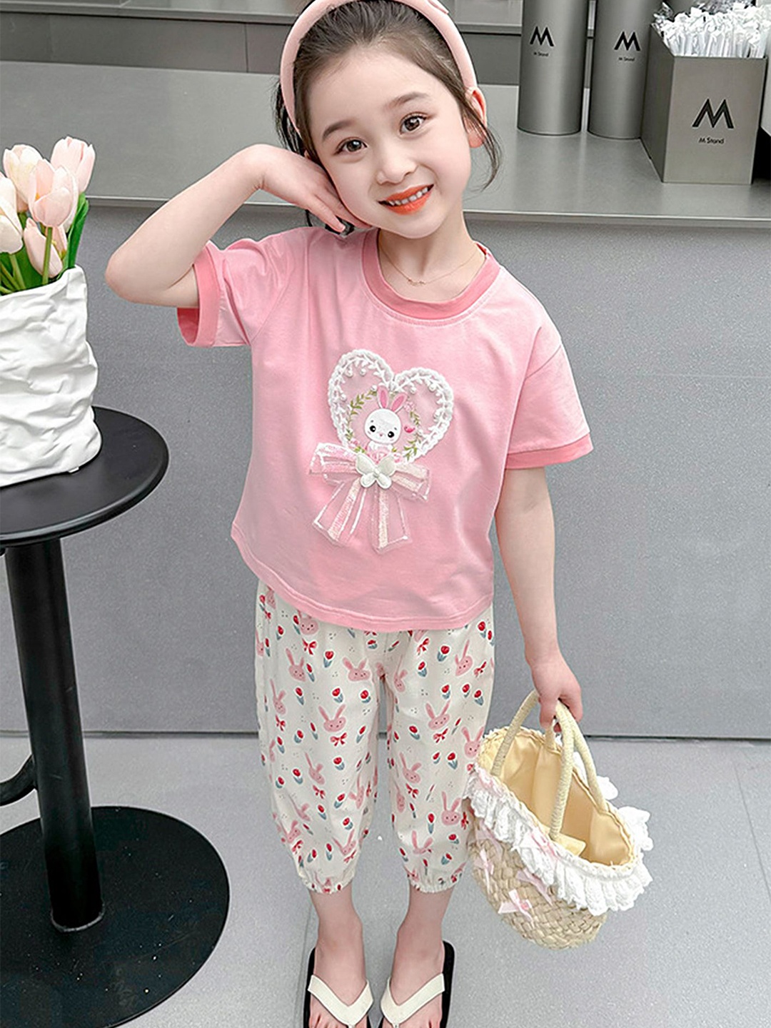 

LULU & SKY Girls Printed Round Neck T-Shirt With Joggers, Pink