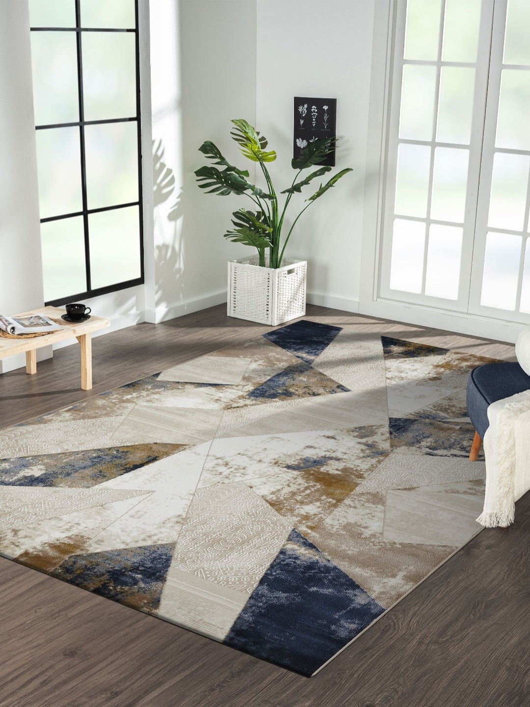 

OBSESSIONS Beige And Navy Blue Abstract Anti-Skid Carpet