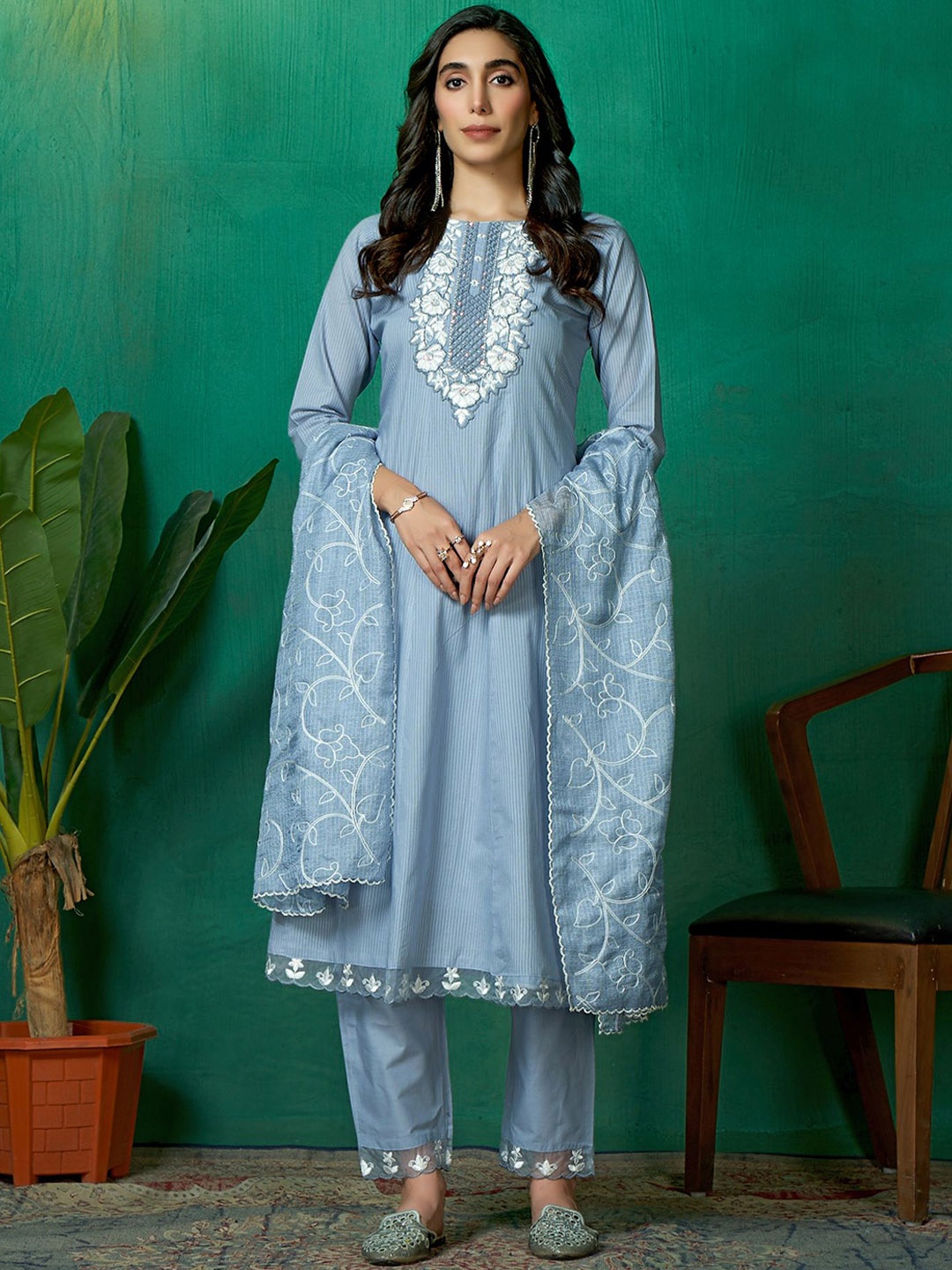 

Sangria Embroidered Pure Cotton Round Neck Kurta Trouser & Dupatta, Blue