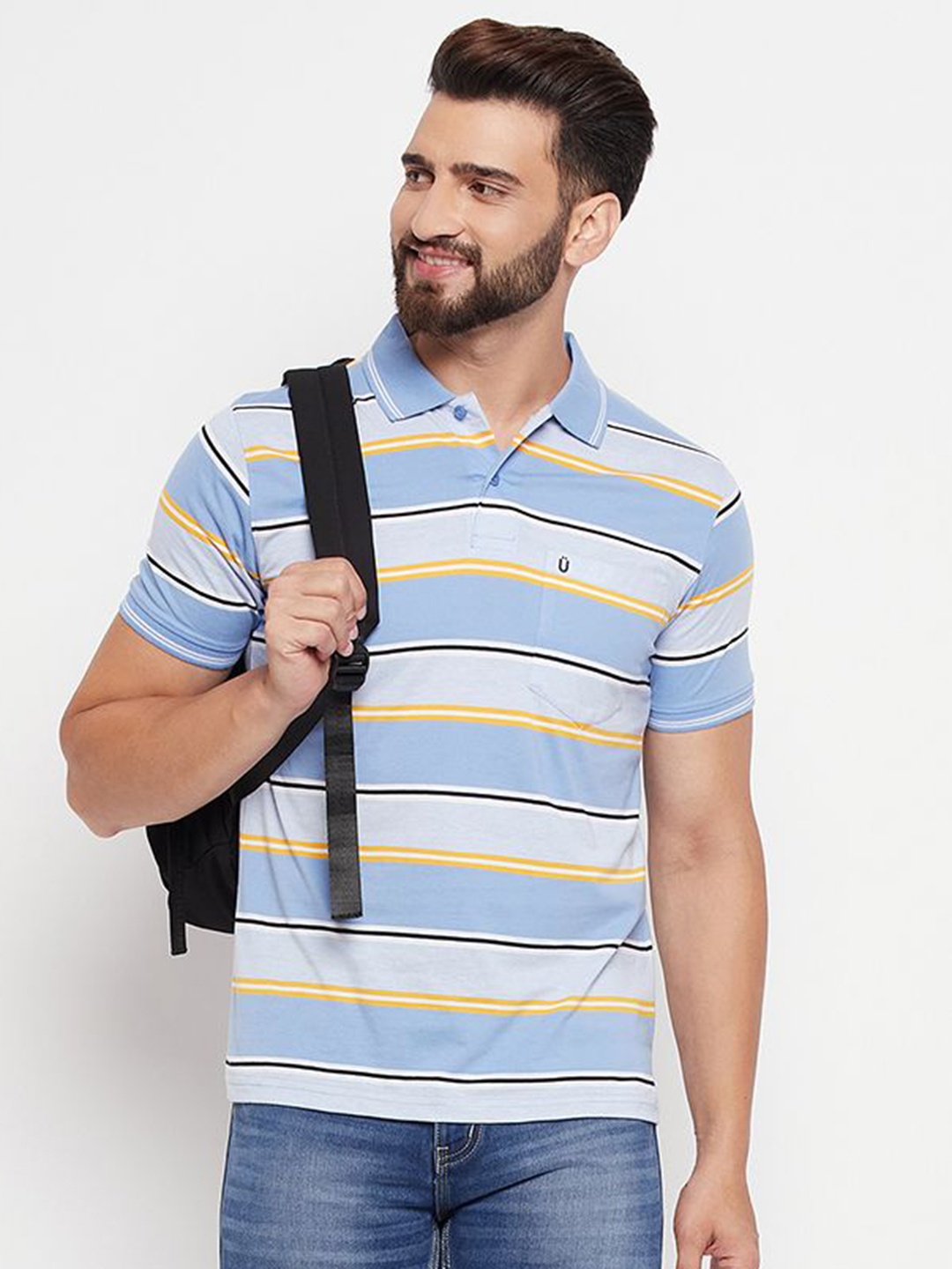 

UNIBERRY Men Striped Polo Collar T-shirt, Turquoise blue