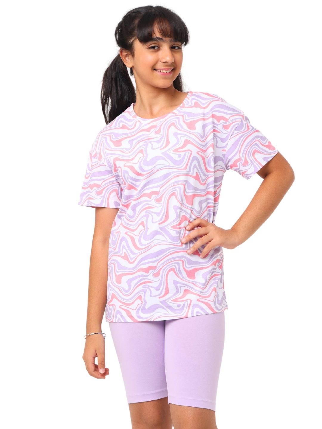 

Nuego Kids Girls All Over Print Cotton Blend T-Shirt with Shorts Clothing Set, Purple