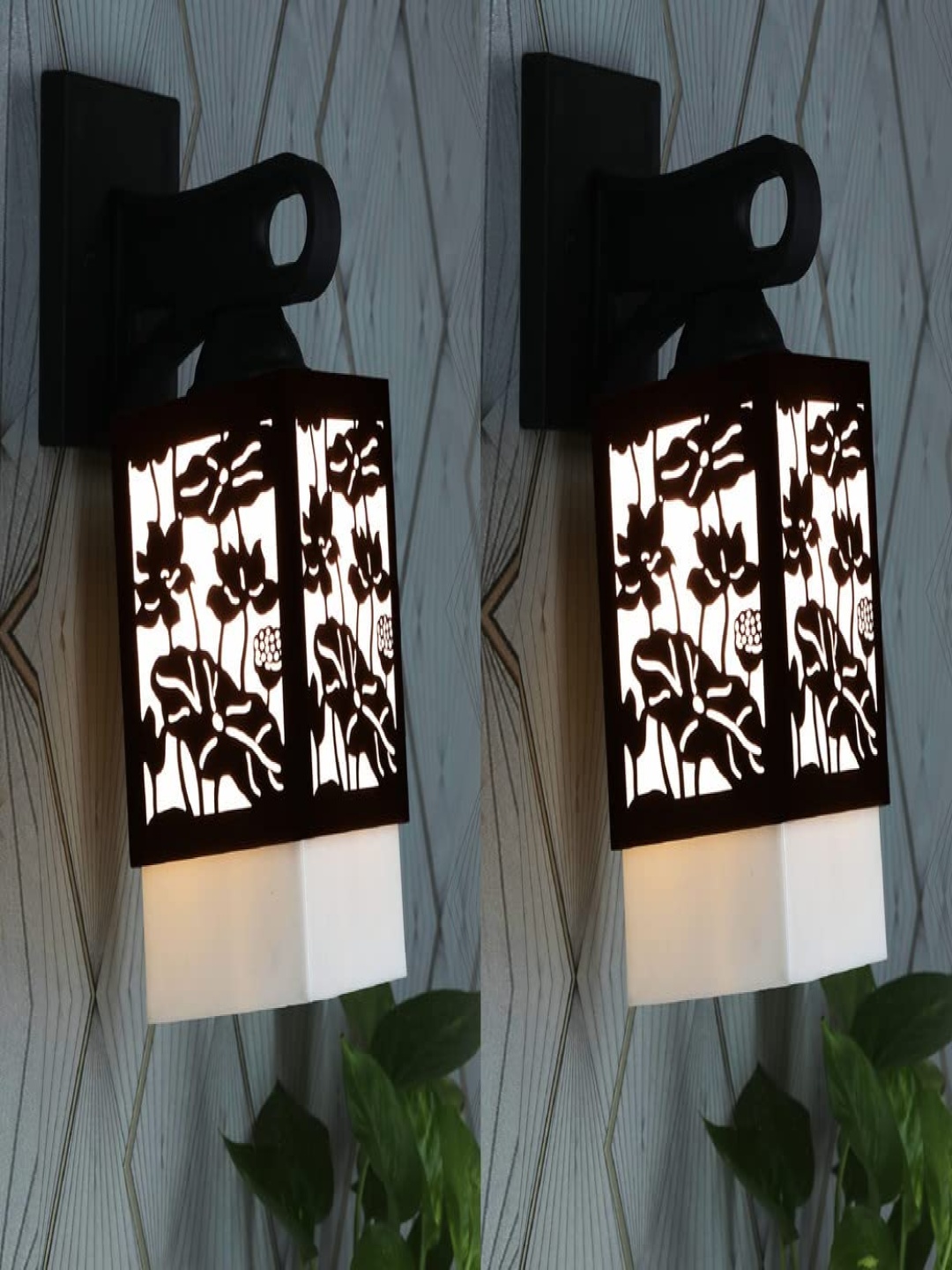 

Gojeeva Black & White 2 Pieces Textured Wooden Square Shaped Wall Lamps