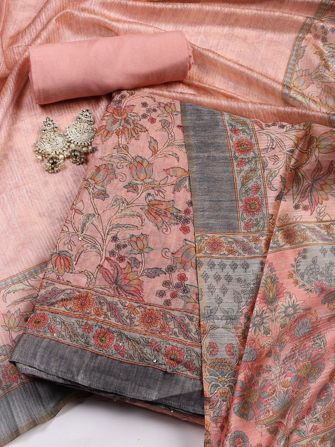 

Meena Bazaar Floral Printed Thread Work Art Silk Unstitched Dress Material, Peach