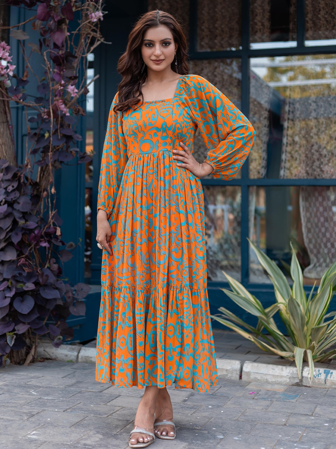 

Masakali.Co Floral Print Georgette Fit & Flare Maxi Dress, Orange
