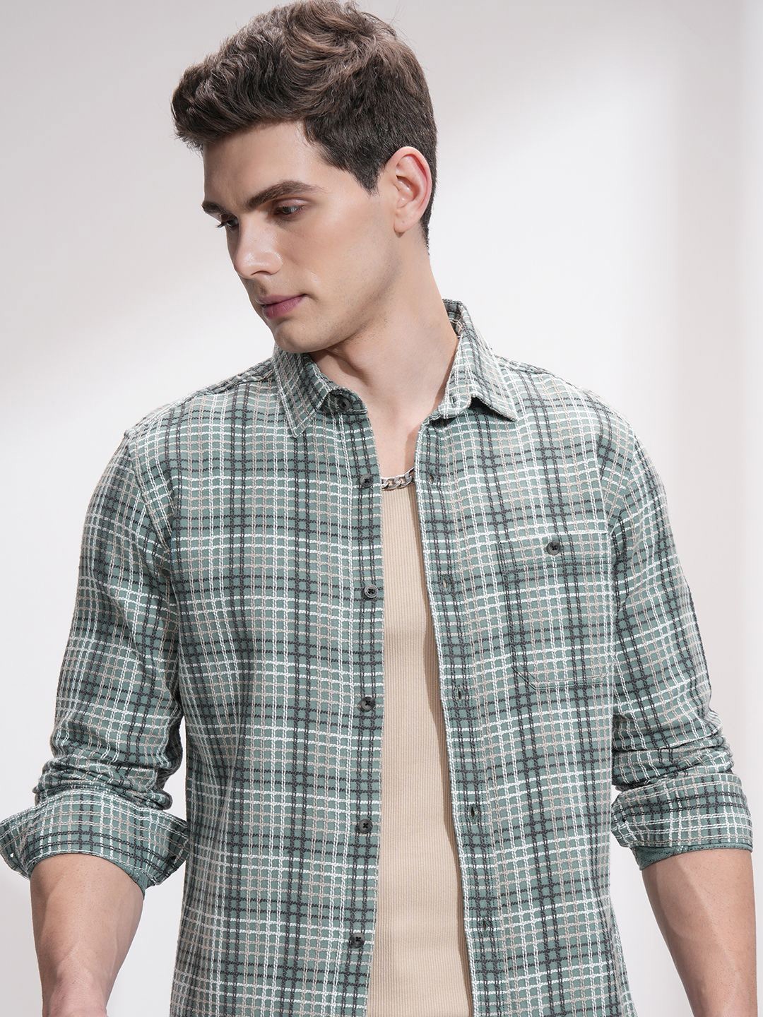 

HIGHLANDER Men Slim Fit Opaque Checked Casual Shirt, Sea green