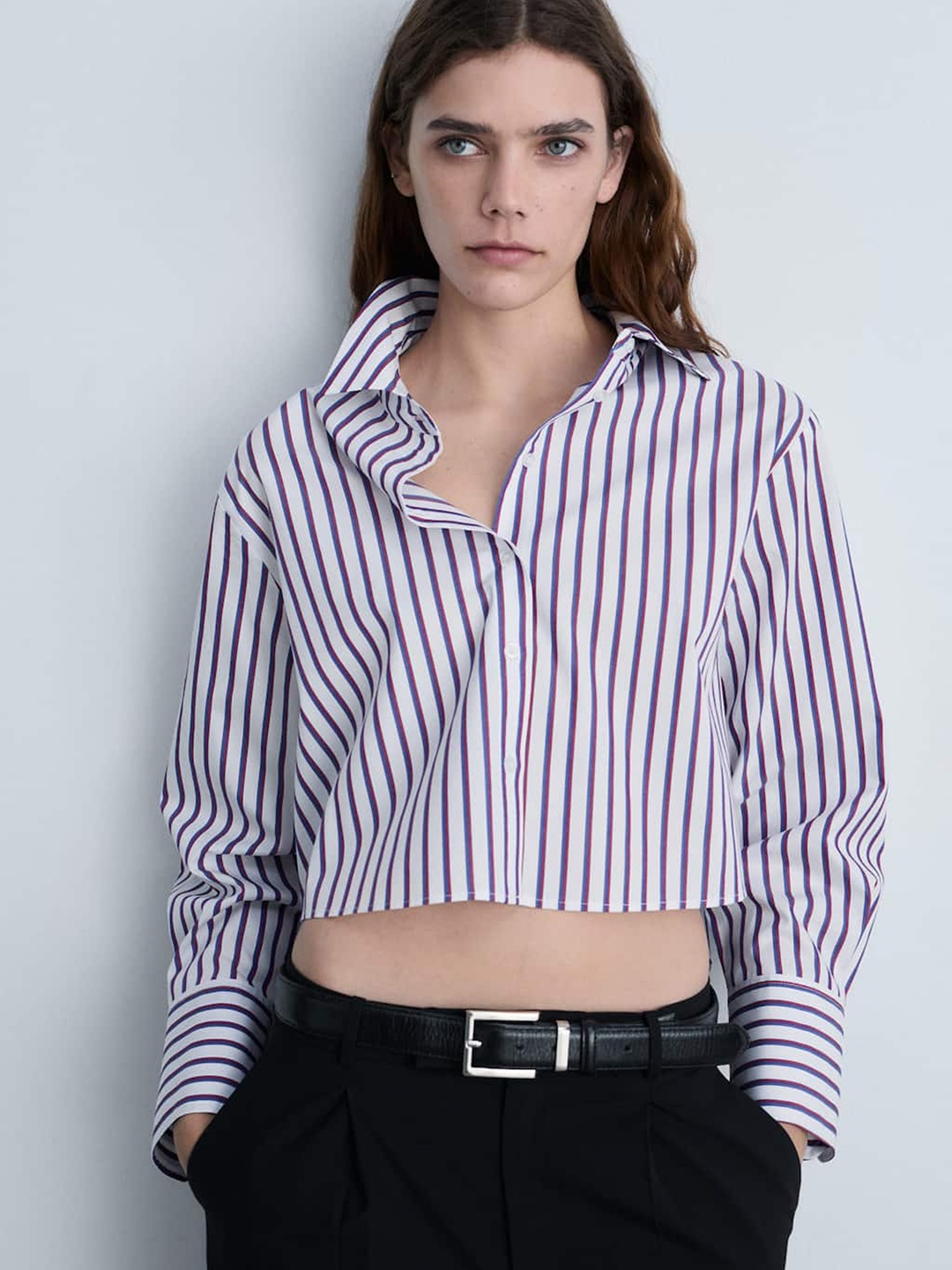 

MANGO Striped Crop Shirt, White