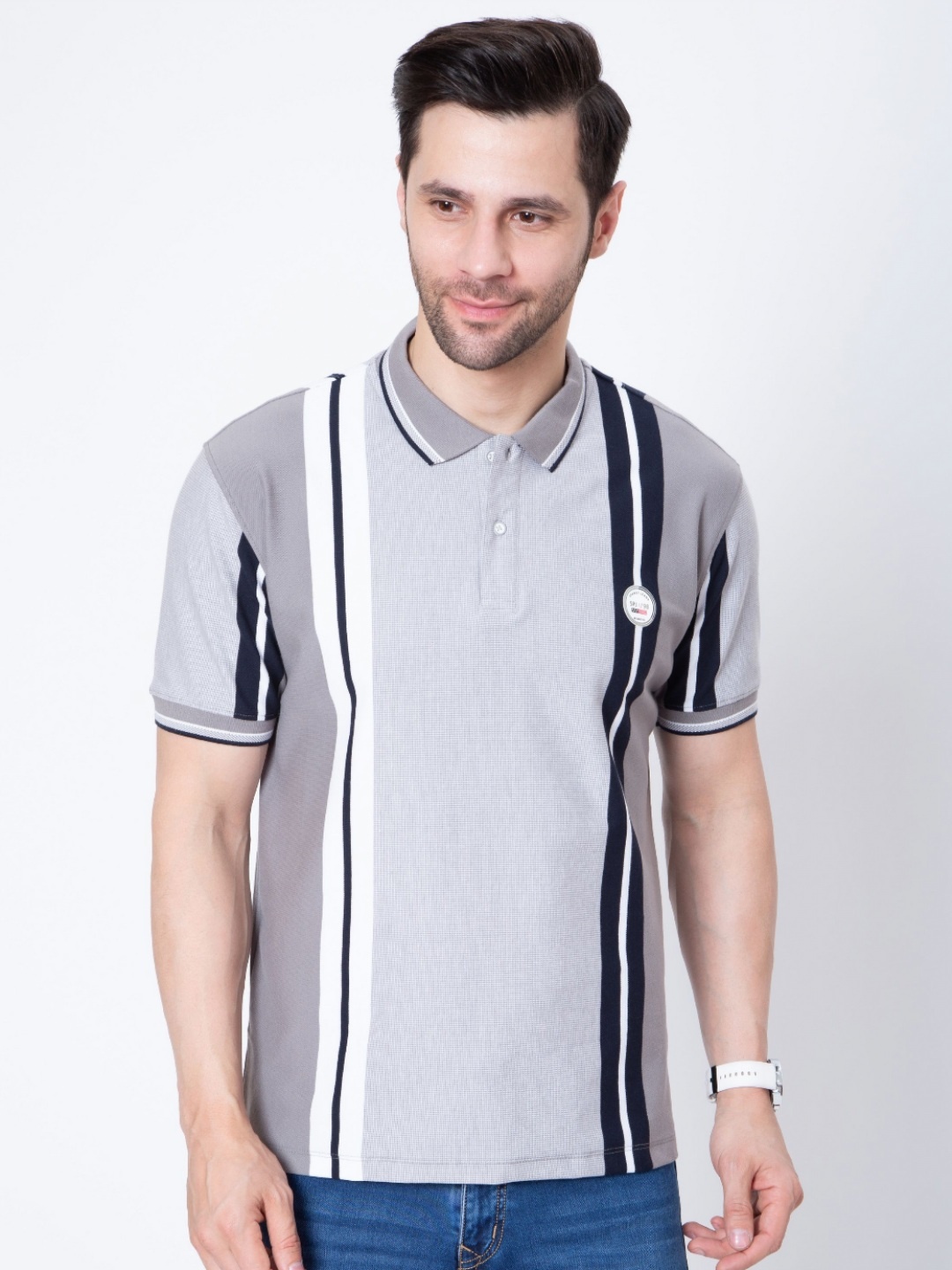 

Sparky Men Striped Polo Collar Pockets T-shirt, Grey
