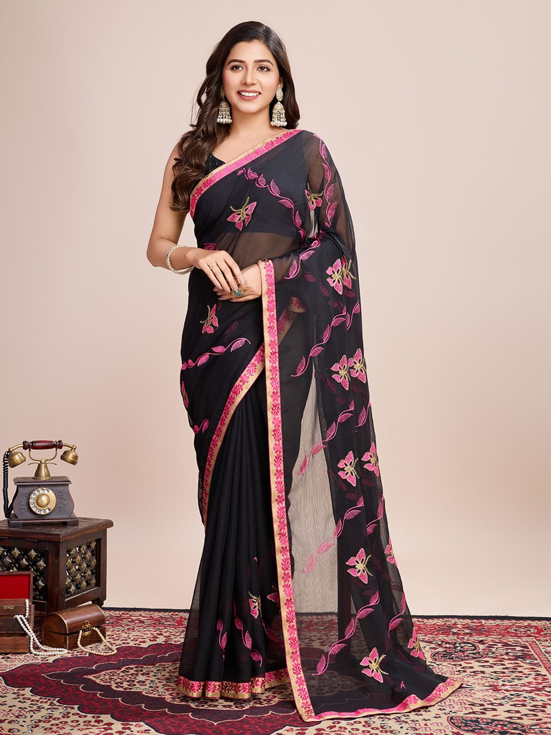 

LeeliPeeri Designer Embellished Embroidered Poly Georgette Saree, Pink