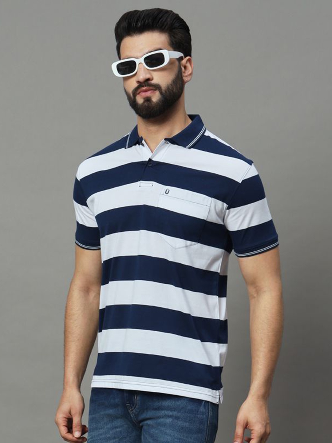 

UNIBERRY Men Striped Polo Collar T-shirt, White