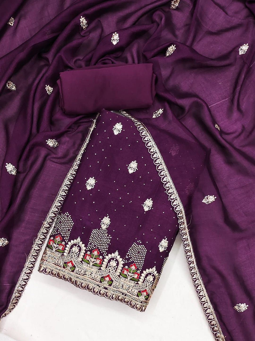 

Rangtulika Embroidered Thread Work Unstitched Dress Material, Purple