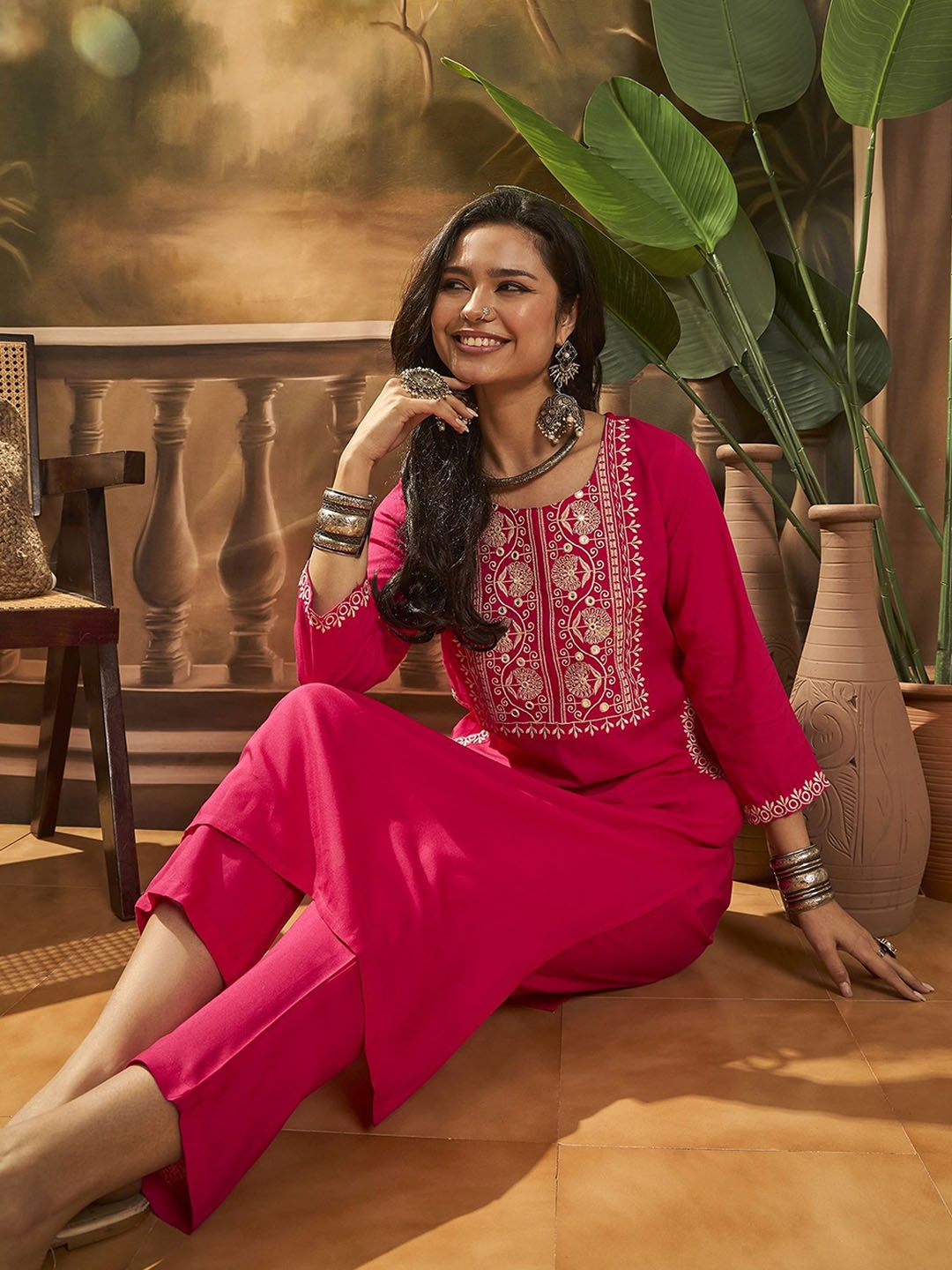 

Sangria Embroidered Kurta With Trouser, Pink