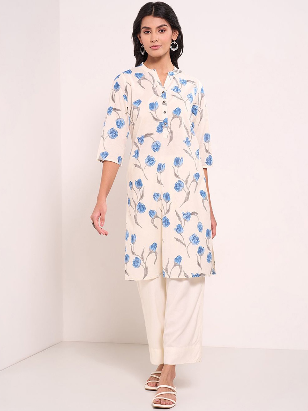 

RANGMANCH BY PANTALOONS Floral Printed Mandarin Collar Cotton A-Line Kurta, White