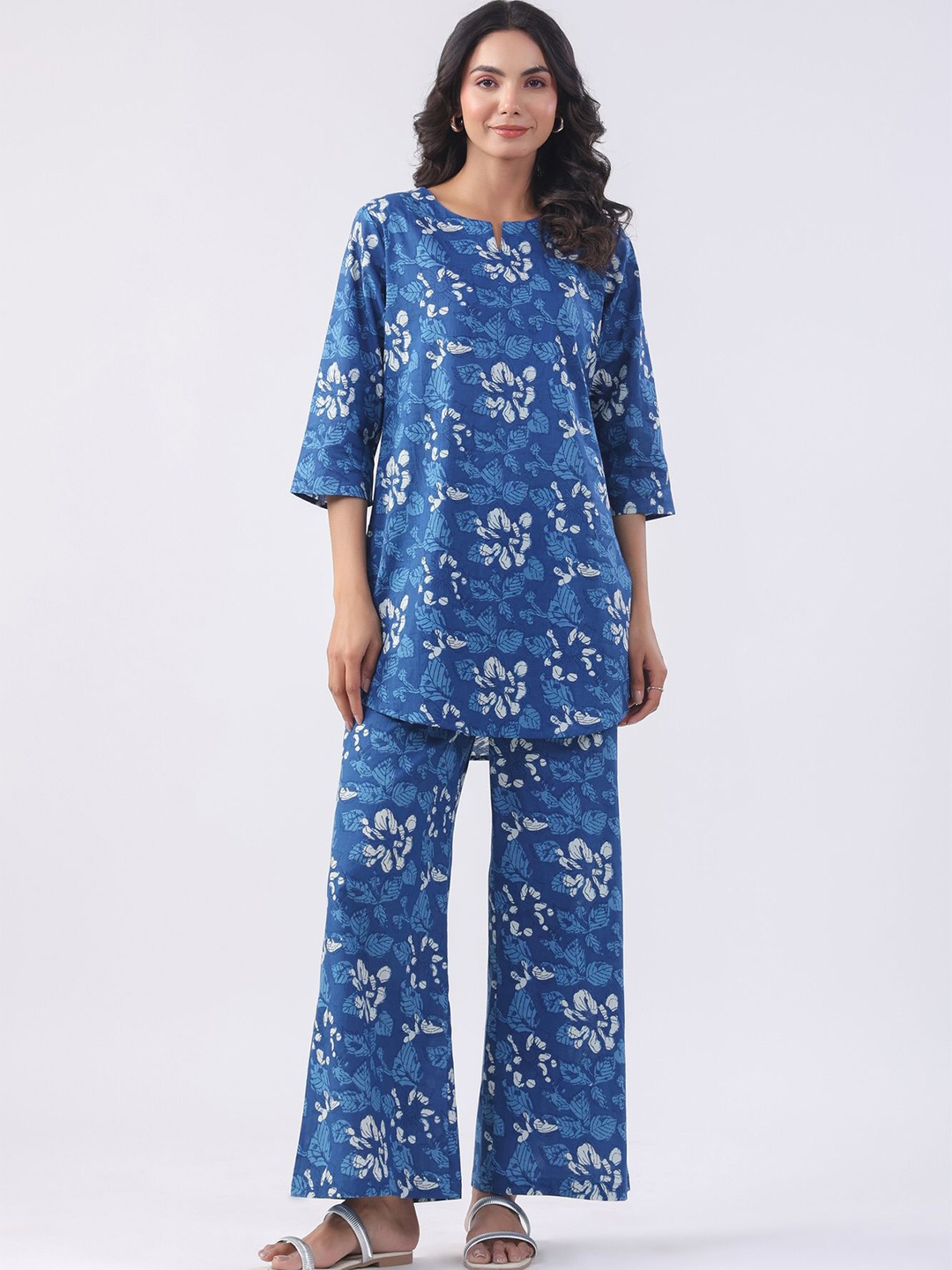 

JISORA Printed Round-Neck Pure Cotton Tunic With Palazzos Co-Ords, Blue