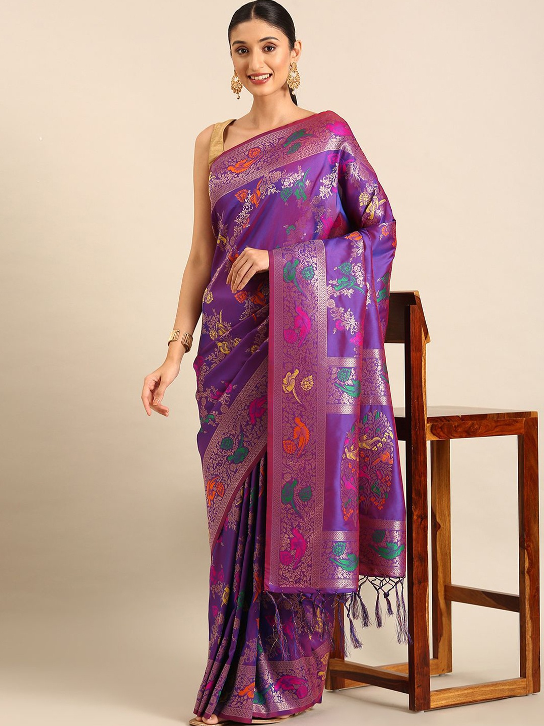 

DIVASTRI Woven Design Zari Silk Blend Banarasi Saree, Purple