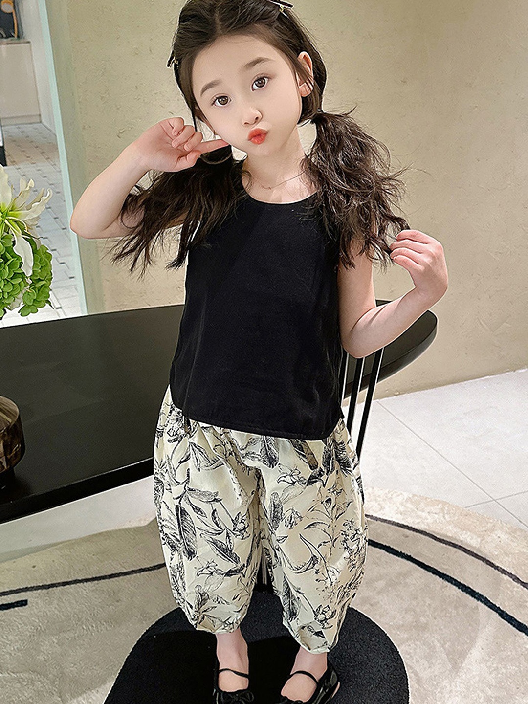 

LULU & SKY Girls Round Neck Sleeveless Top With Trousers, Black