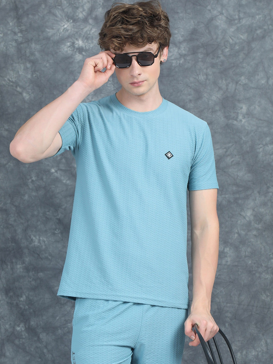 

PAUL STREET Textured Round Neck T-Shirt With Shorts Co-Ords, Blue