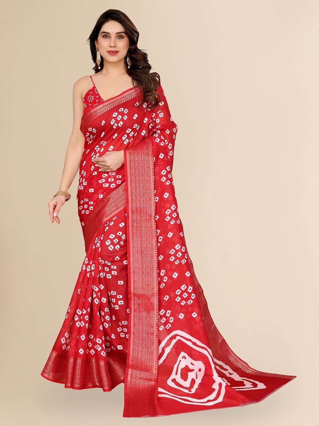 

Moda Rapido Bandhani Zari Saree, Red