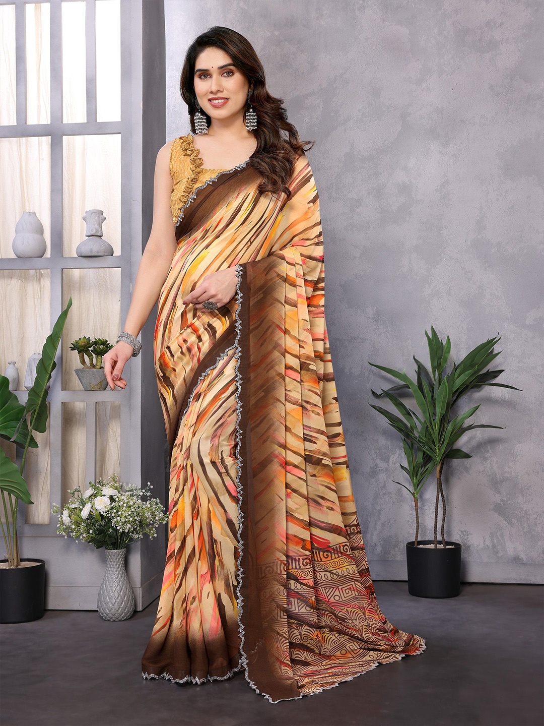 

Moda Rapido Ethnic Motifs Embroidered Pure Georgette Saree, Cream