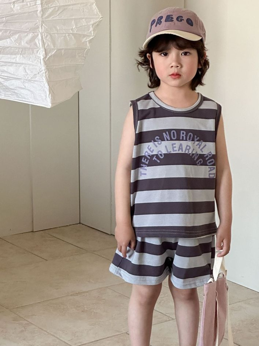 

LULU & SKY Boys Striped Sleeveless T-shirt With Shorts, Grey