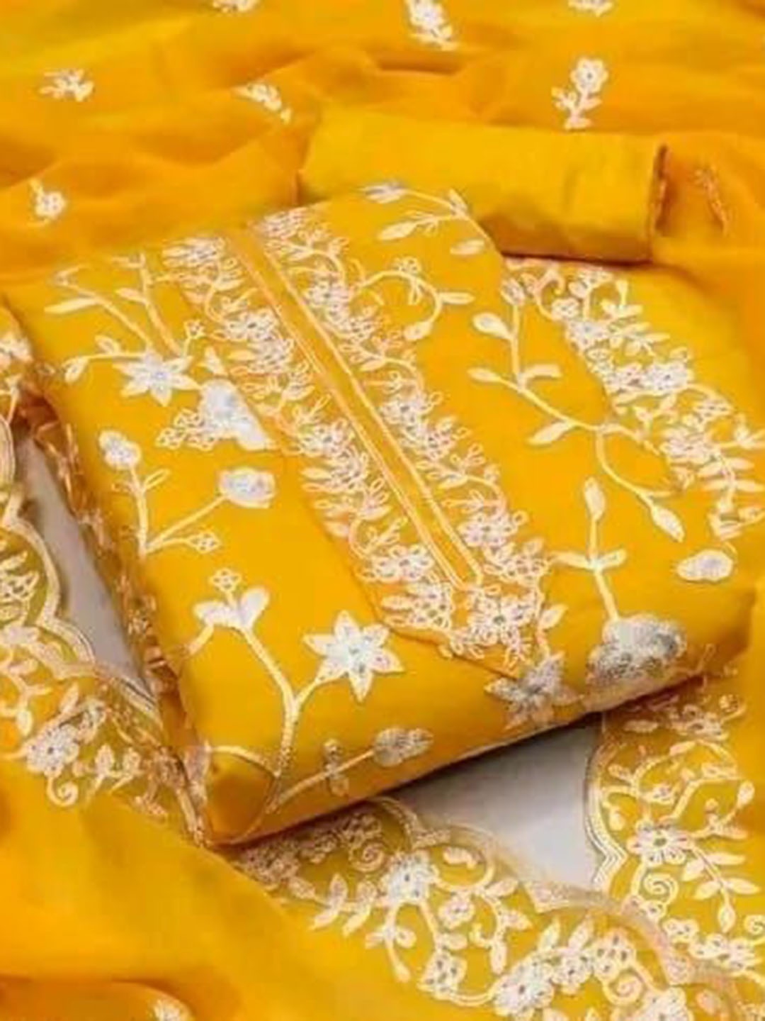 

BlissFlair Floral Embroidered Thread Work Georgette Unstitched Dress Material, Yellow