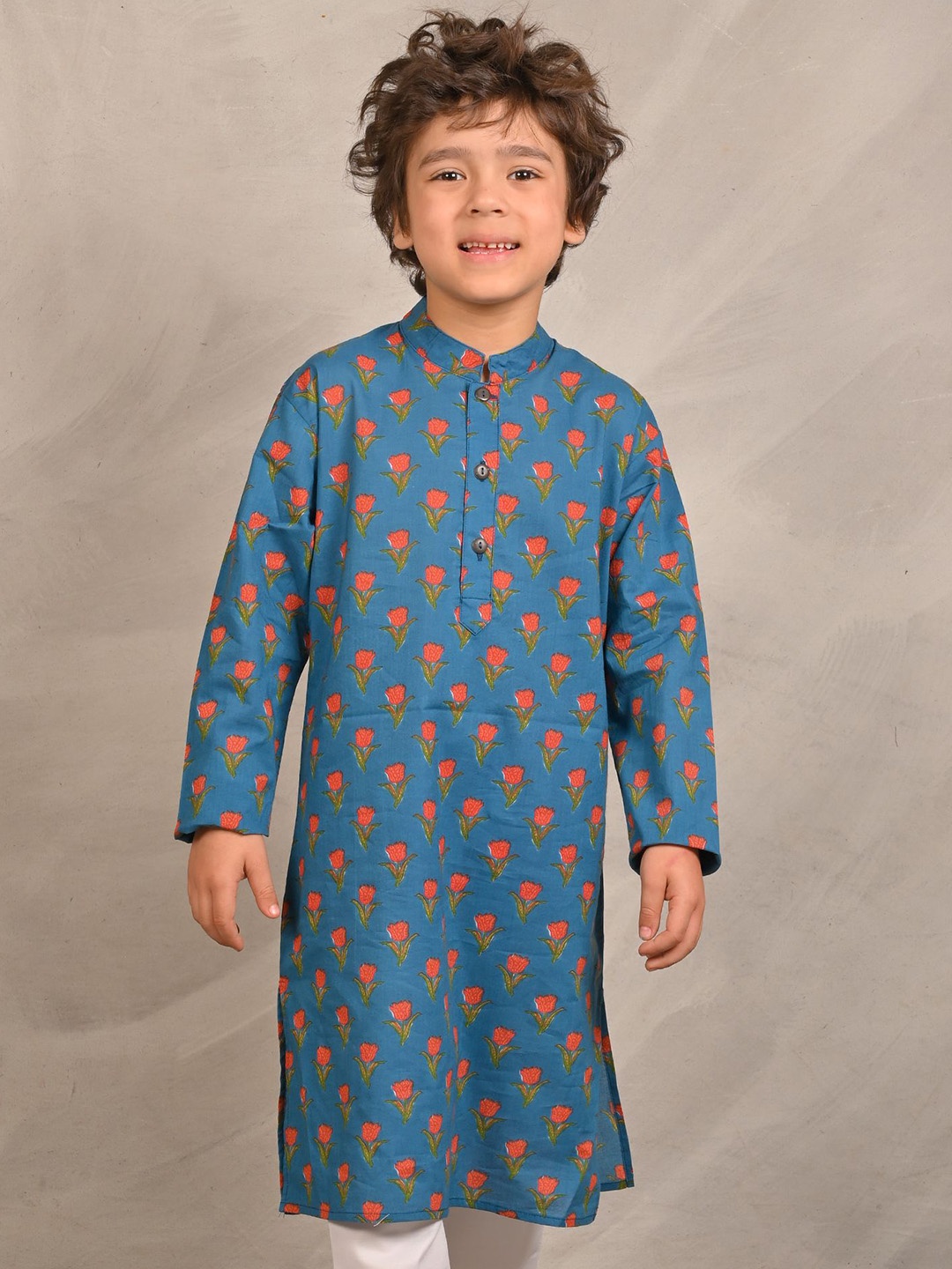 

Anthrilo Boys Floral Printed Mandarin Collar Pure Cotton Straight Kurta, Blue