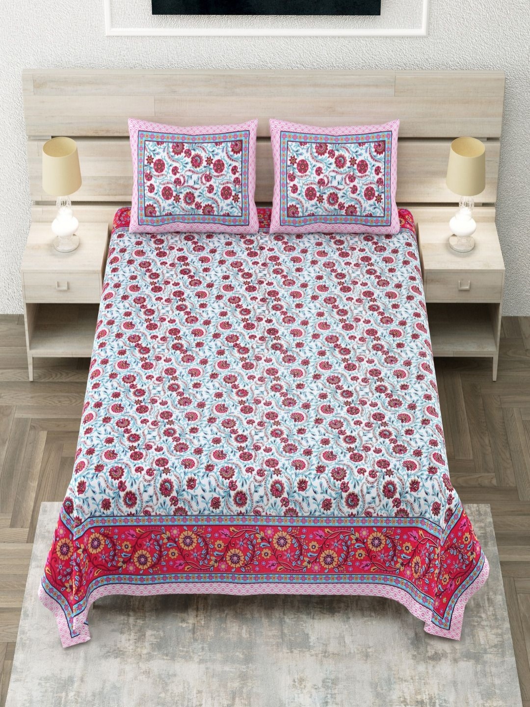 

Aapno Rajasthan Pink & White Ethnic Motifs 144 TC King Bedsheet with 2 Pillow Covers