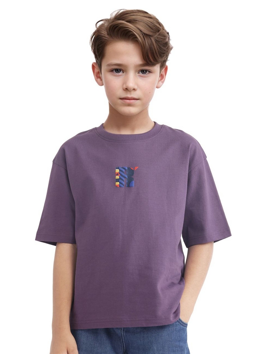 

RARE ONES Boys Printed Drop-Shoulder Sleeves Applique Boxy T-shirt, Purple
