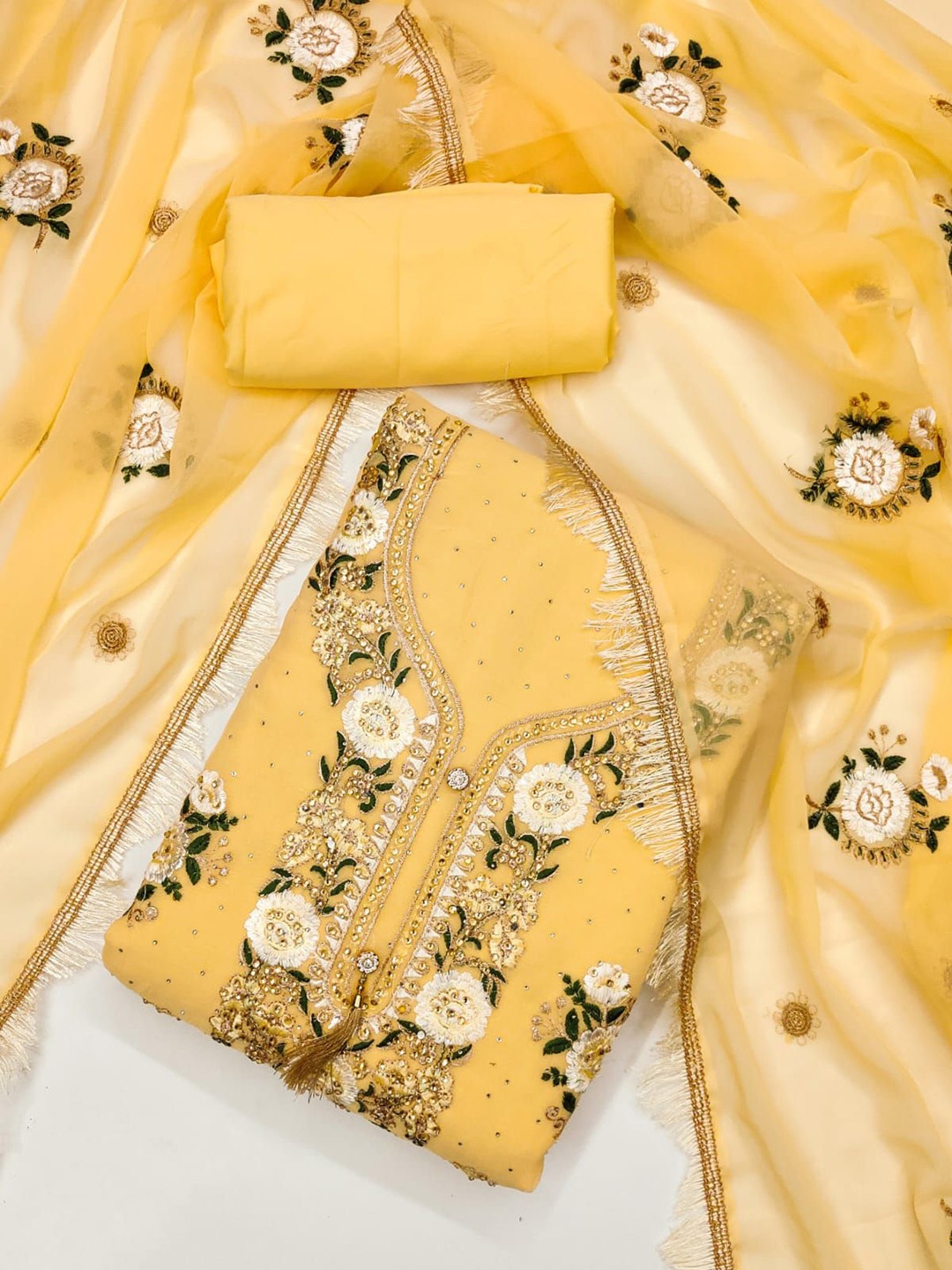 

Rangtulika Floral Beads And Stones Embroidered Georgette Unstitched Dress Material, Yellow