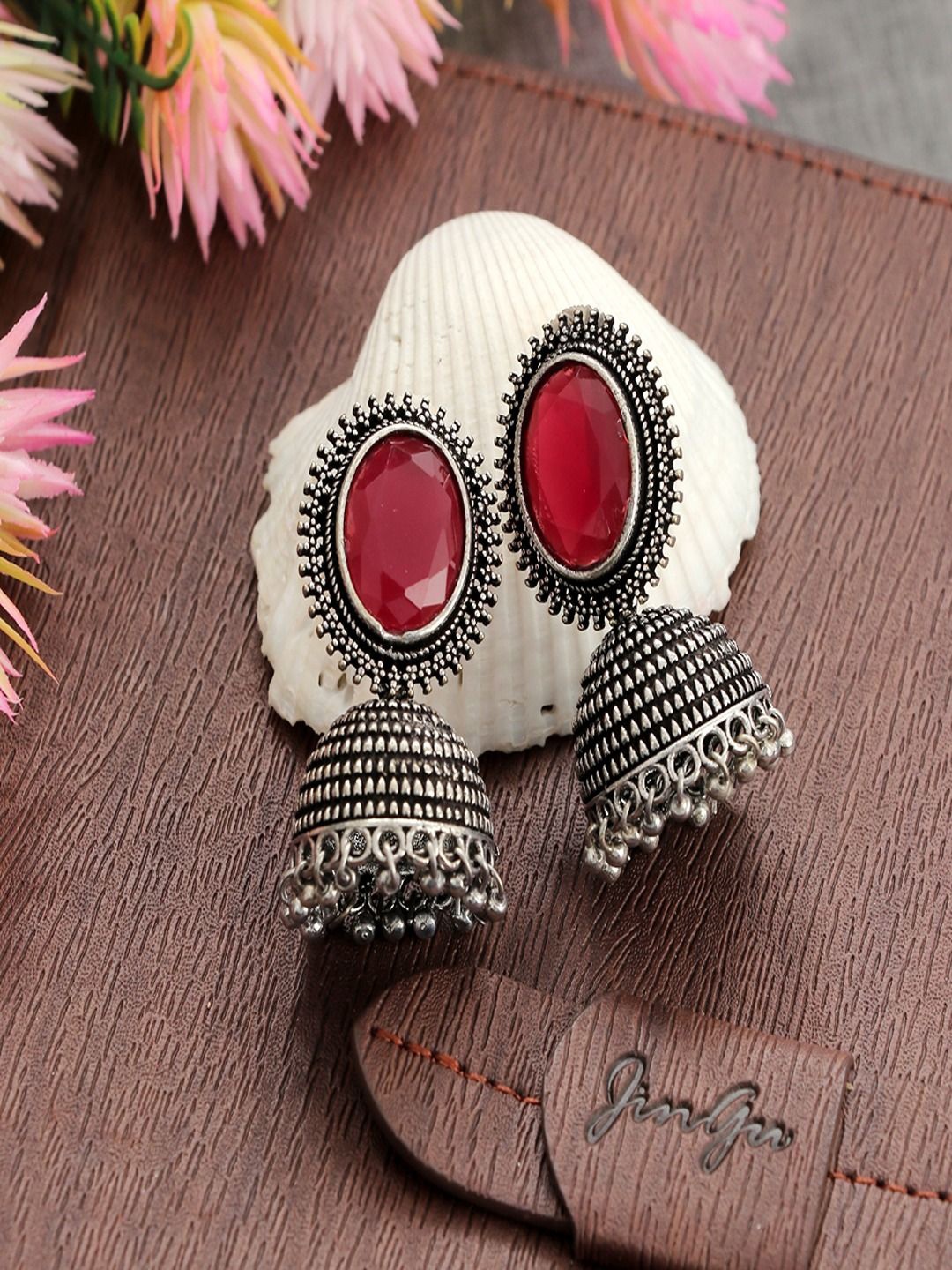 

Sangria Silver-Plated Stone Studded Dome Shaped Oxidised Jhumkas