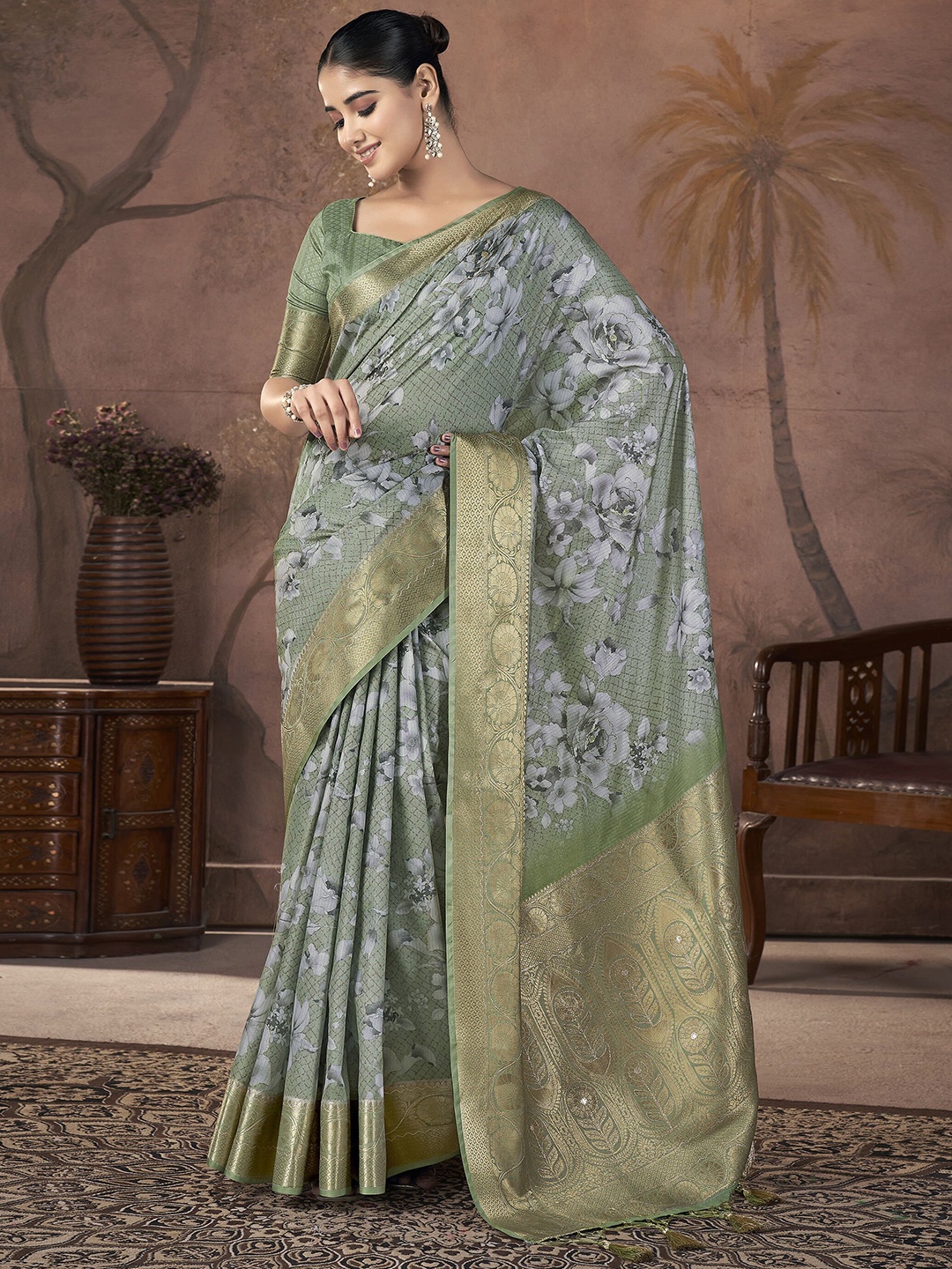 

TASRIKA Floral Zari Pure Silk Banarasi Saree, Olive
