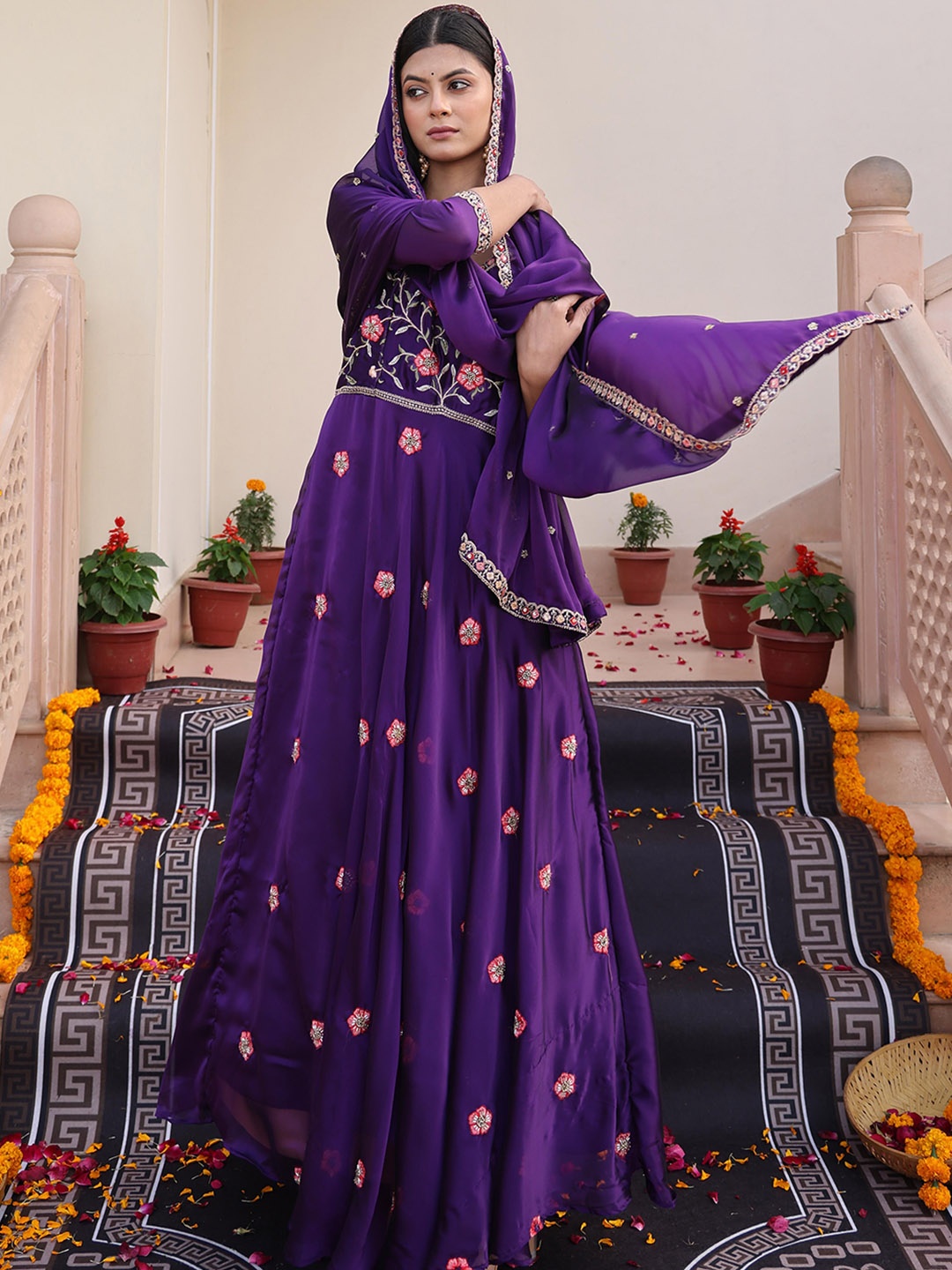 

Warthy Ent Floral Embroidered Empire Ethnic Dress With Dupatta, Purple