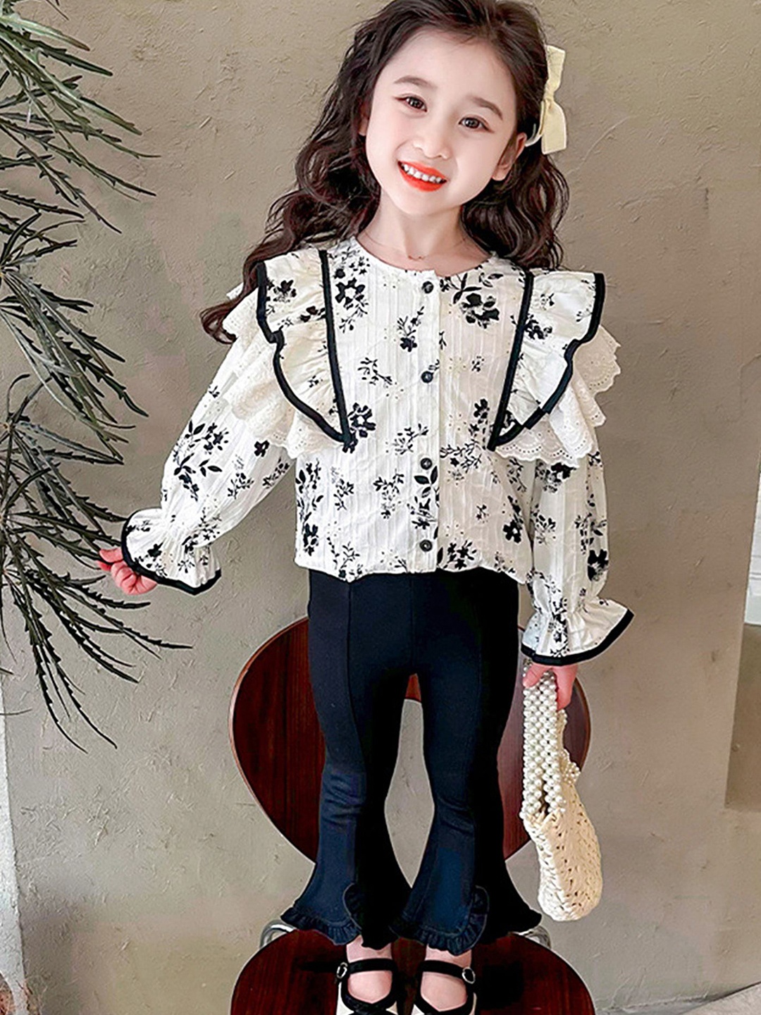 

LULU & SKY Girls Floral Printed Schiffli Top With Trousers, White