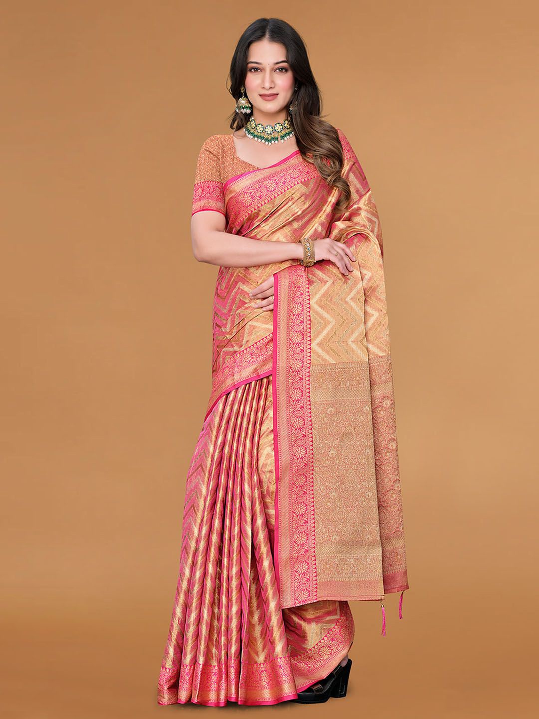 

Meena Bazaar Woven Design Zari Saree, Pink
