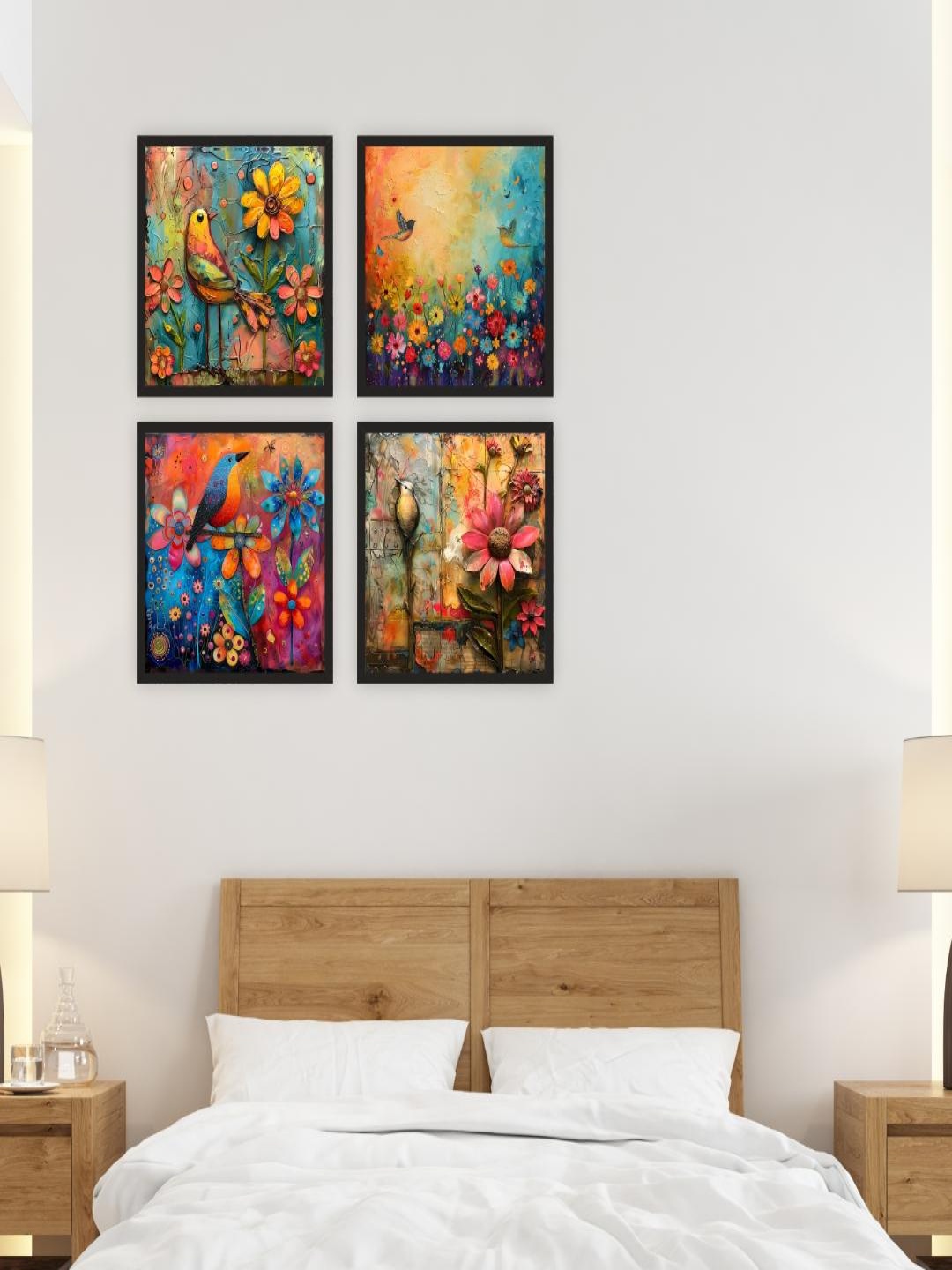 

CVANU 4Pcs Blue & Red Printed Wooden Wall Paintings