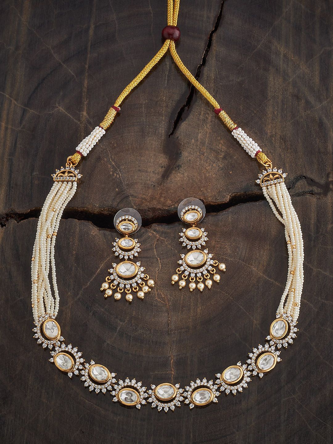 

Kushal's Fashion Jewellery White Victorian-Plated Ethnic Kundan Jewellery Set, Gold