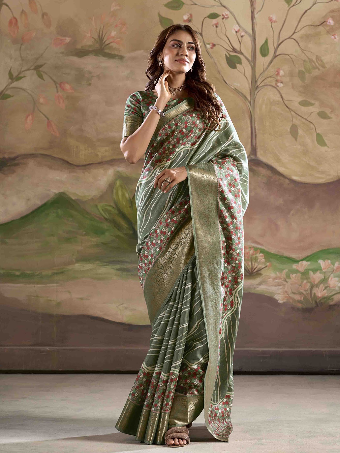 

Mitera Floral Zari Silk Blend Saree, Olive