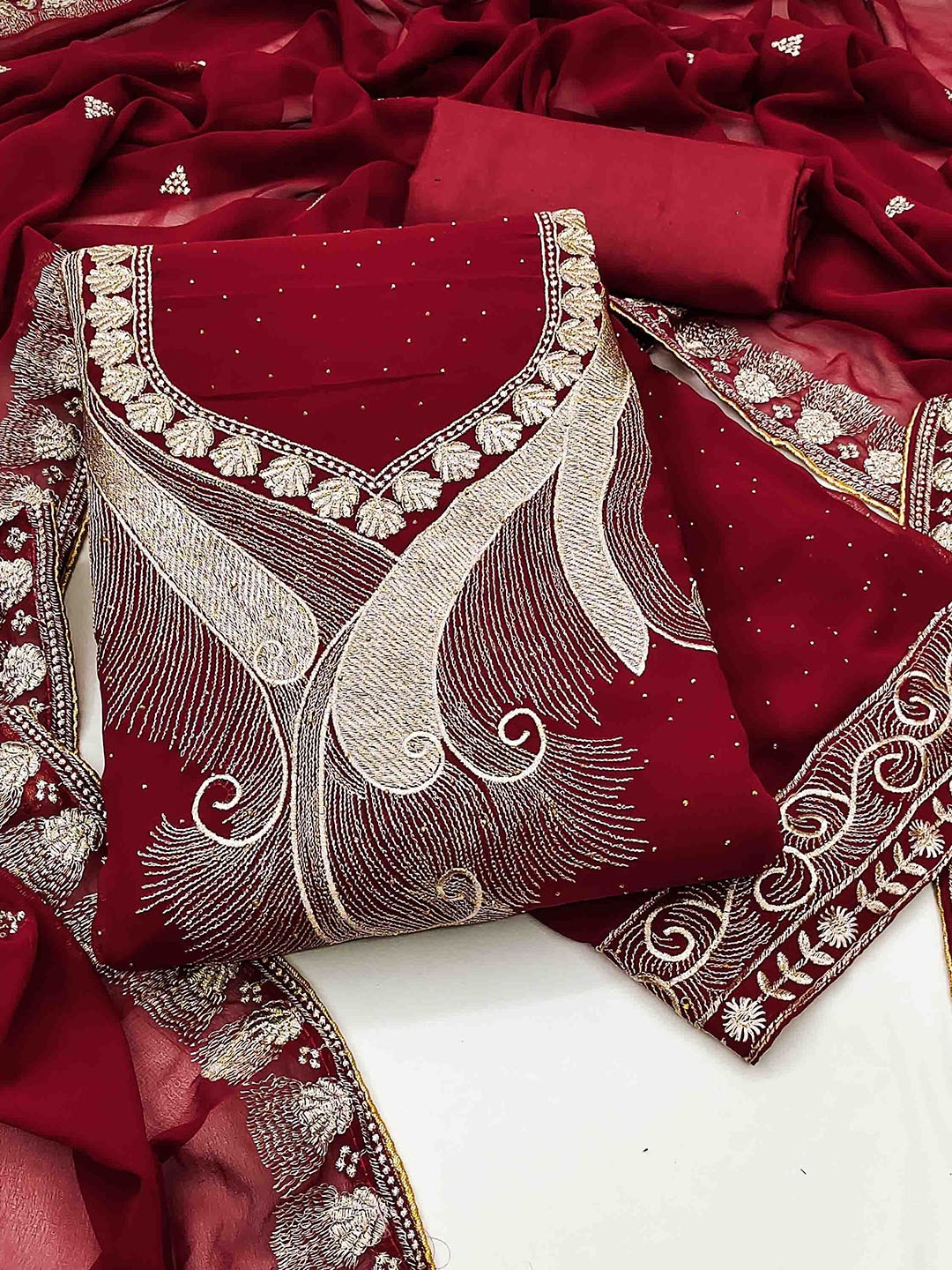 

Blissta Embroidered Unstitched Dress Material, Maroon