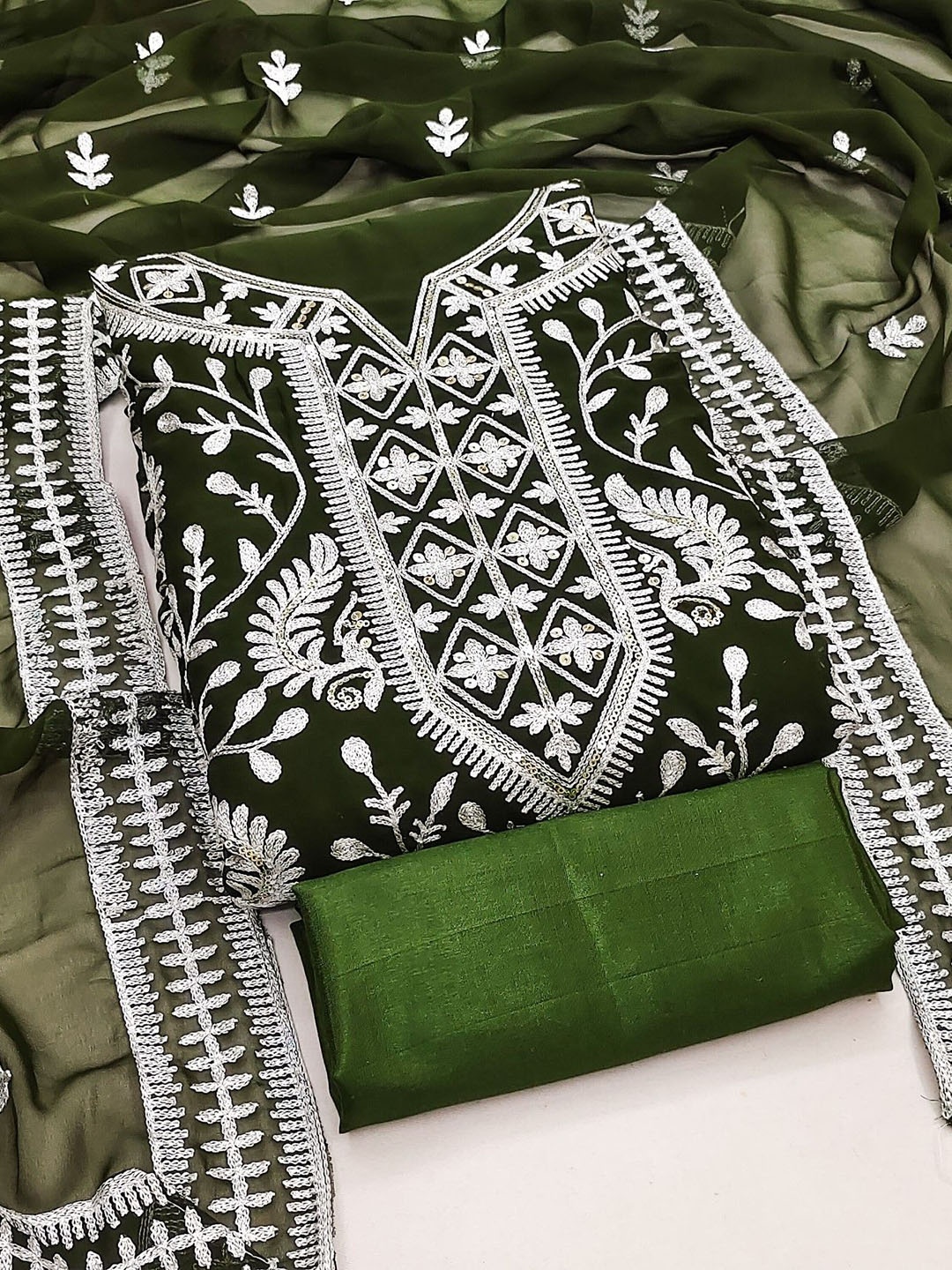 

Rangtulika Ethnic Motifs Embroidered Georgette Unstitched Dress Material, Olive