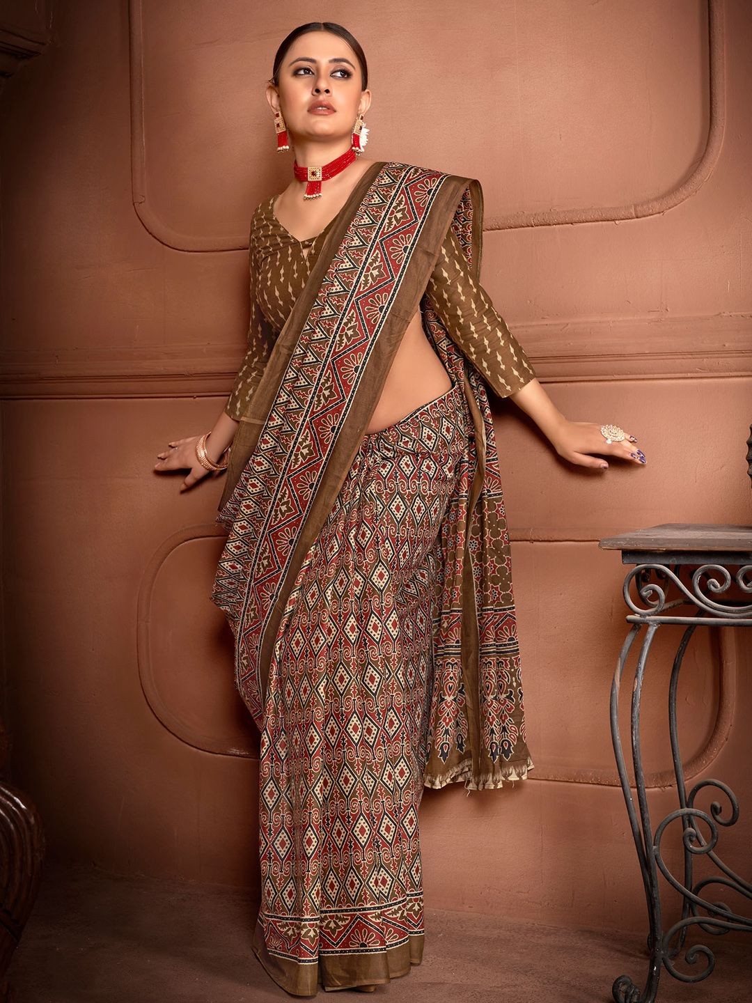 

Anouk Rustic Ethnic Motifs Bagru Saree, Brown